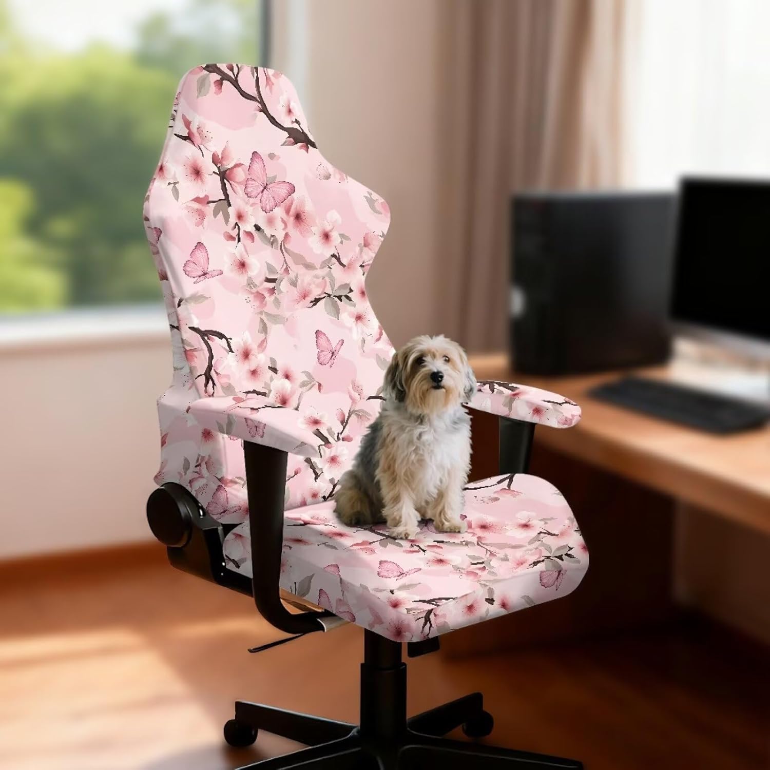 Merkmak Gaming Chair Cover 4 Pieces Computer Chair Cover Include Backrest, Seat and Armrest, Pink Butterfly Flower Office Chair Covers for Home, Shop, Living Room, Office Decorations