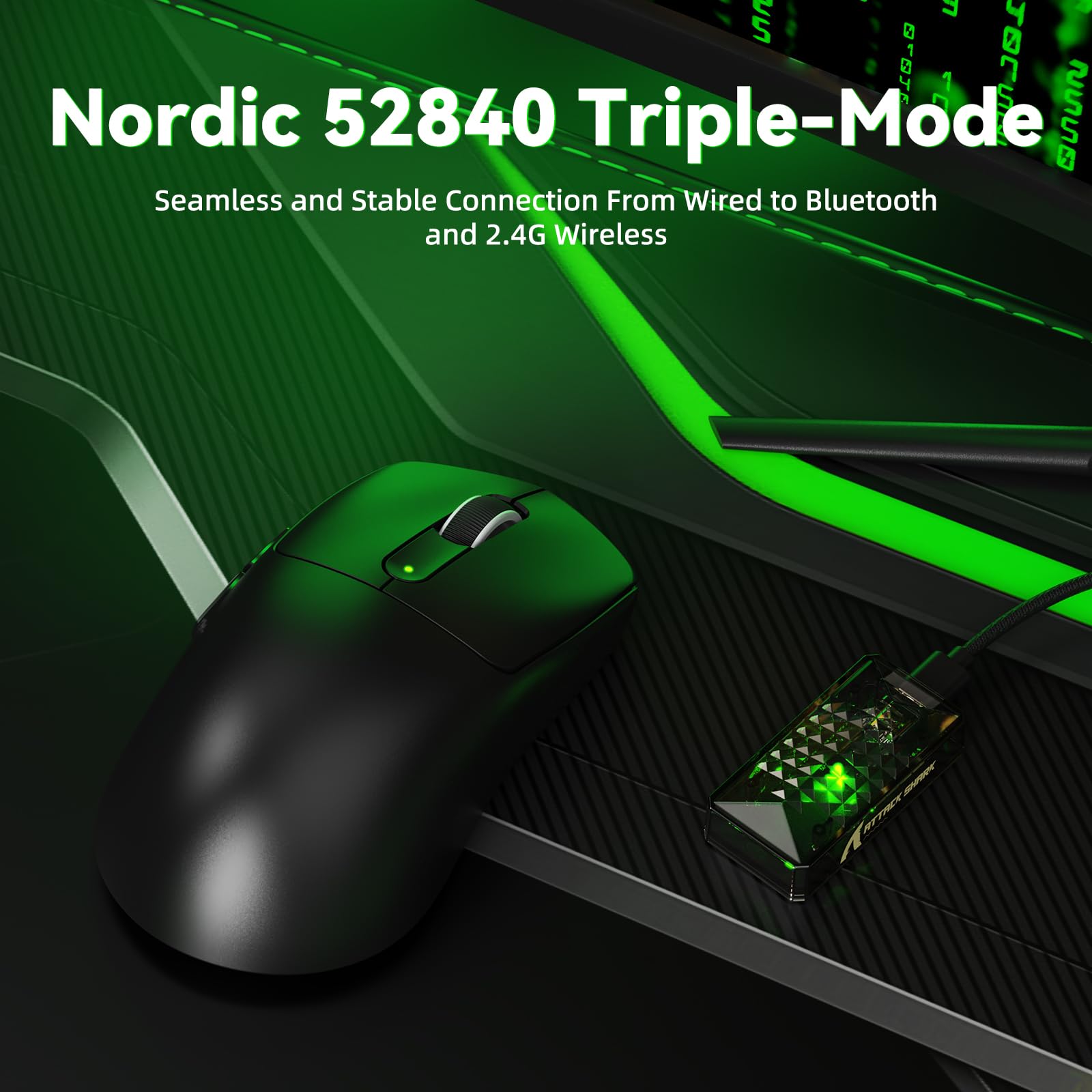 ATTACK SHARK V5 Mouse Gaming Wireless, 53g, Switch Ottici, MCU Nordic52840, Sensore PAW3950MAX, Ricevitore 8KHz LED, 20000 FPS, 42K DPI, BT/2.4Ghz/Cavo,500mAh