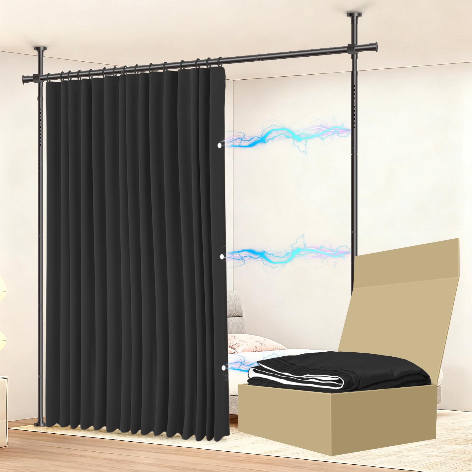 Photo 1 of JILRON No-Drill Room Divider Curtain Set: Includes 106" W x 84" L Black Curtain & Adjustable Pole Brackets (35-100" W x 43-120" H Adjustable Range)