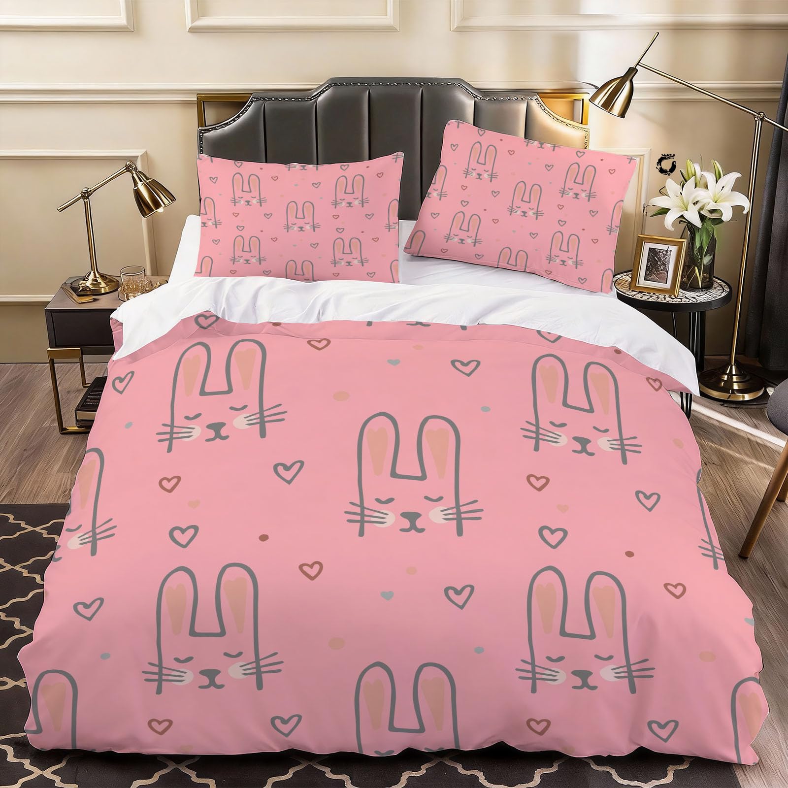 3D Animal Rabbit Duvet Cover Cute Bedding Double Bed Set, Soft Microfiber Comforter Cover Printed with Zipper Closure Quilt Coverr 200x200 cm and 2 Pillowcases