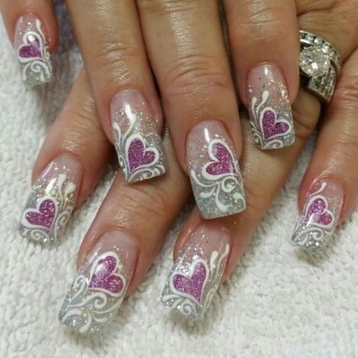 Purple Heart Valentine's Press on Nails Medium European Lines Design Gradient Stick on Nails Valentine's Nails Press Ons Glitter Powder Glue on Nails