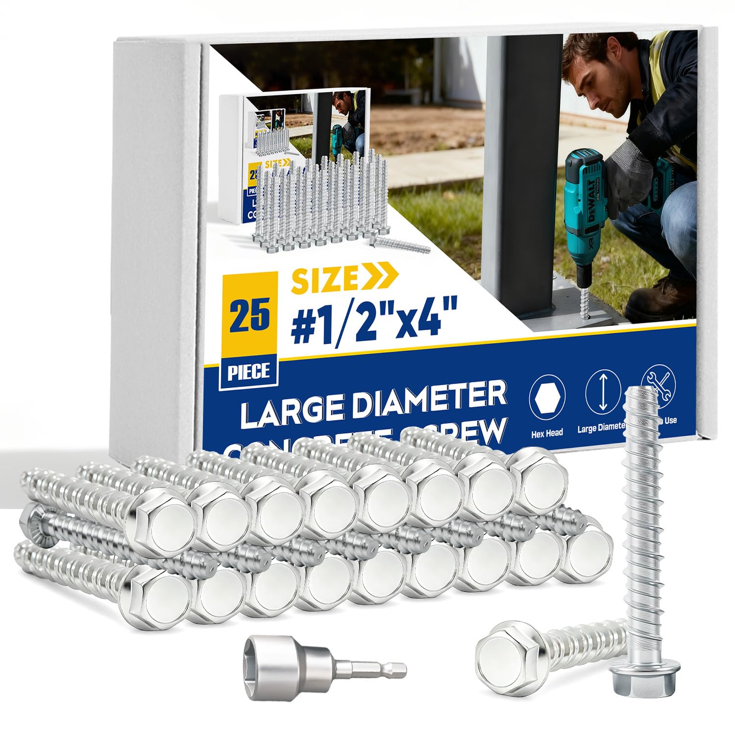 1/2" x 4" Large Diameter Concrete Screw 25 Pack - Heavy Duty Concrete Anchors, Masonry Screws for Brick, Block, Wood & Framing - Zinc Plated Hex