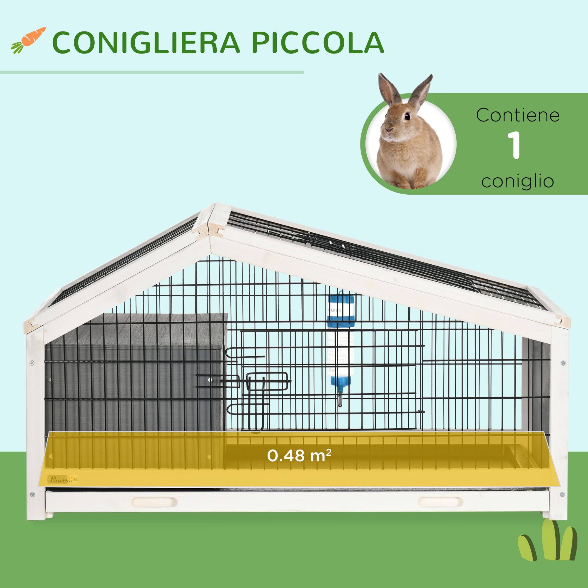 PawHut Gabbietta per 1 Conigli in Legno con Vassoio Estraibile, Casetta e Area Aperta, 90x53x50cm, Grigio Scuro