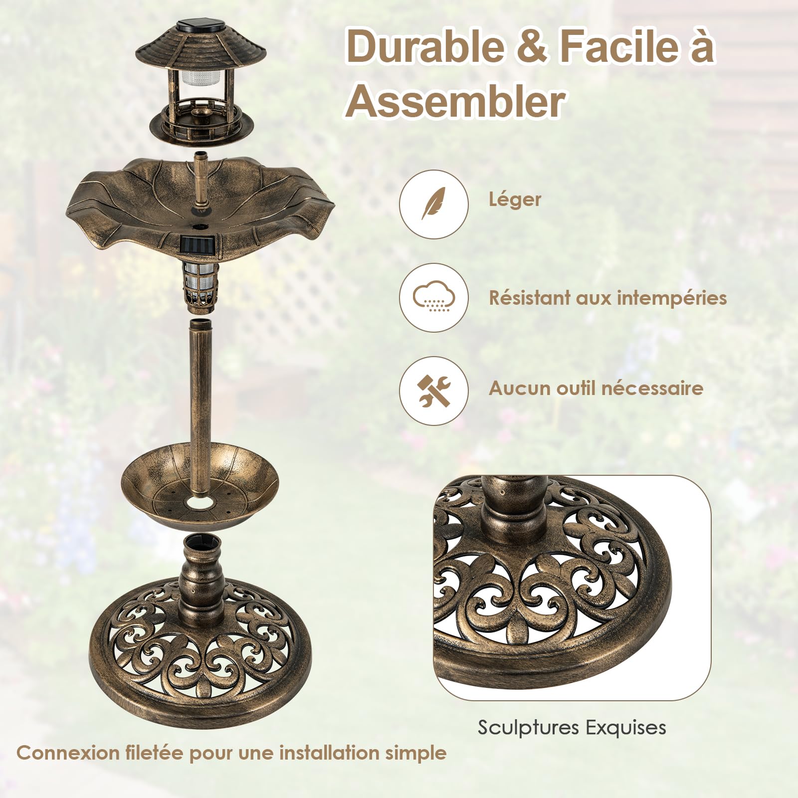 GYMAX Bain d'oiseaux, Abreuvoir sur Pied, Mangeoire avec 2 Lampes Solaire, Jardinière de Fleurs, Léger et Remplissable, Décoration pour Extérieur (Cuivre)