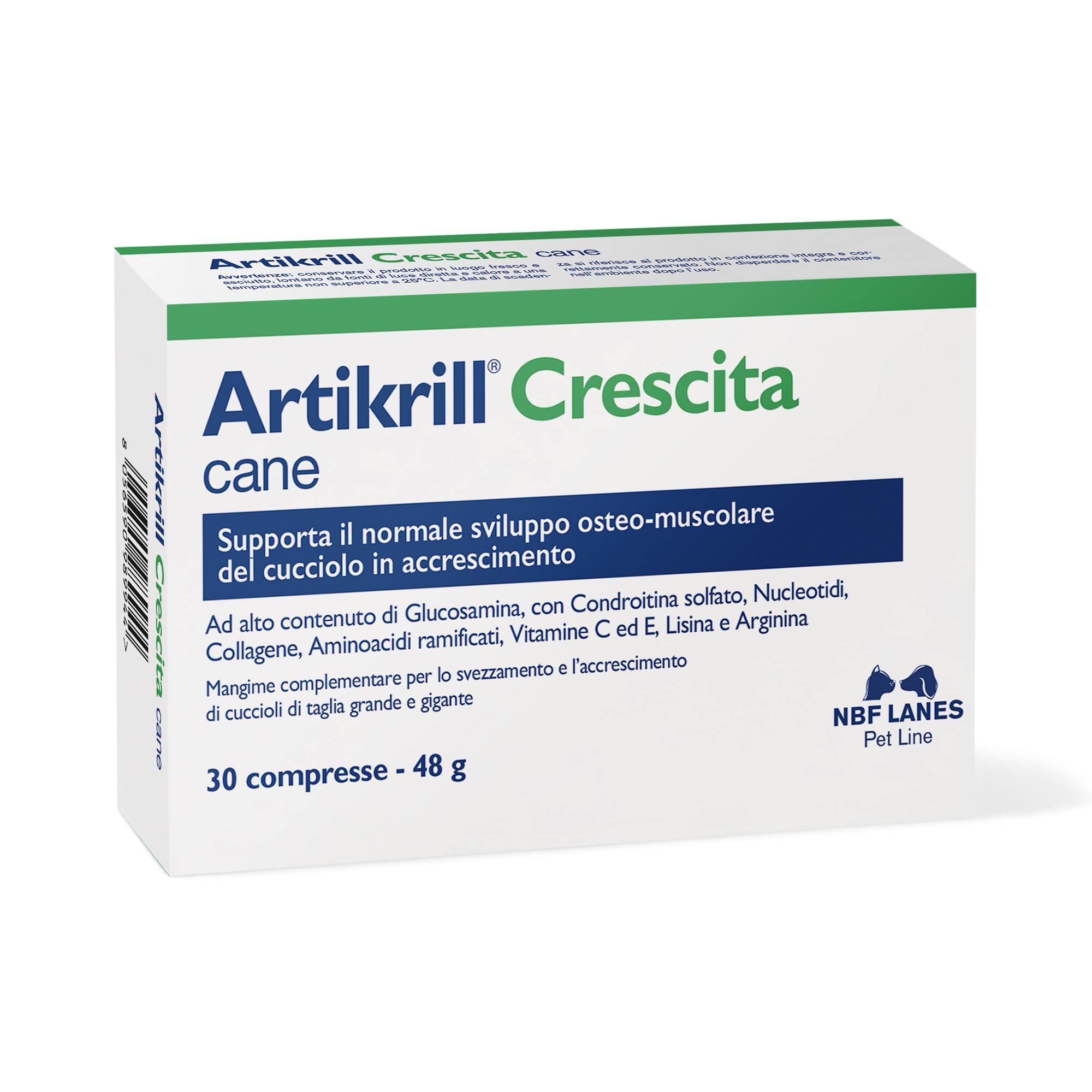 NBF Lanes | Artikrill Crescita Cane, 30 Perle Appetibili, Supporta il Normale Sviluppo Osteo-Muscolare del Cucciolo di Taglia Grande e Gigante durante lo Svezzamento e l’Accrescimento