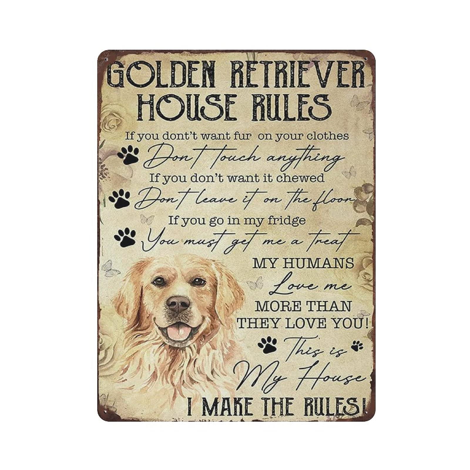 rayprint Golden Retriever House Rules Metal Tin Sign Artwork Poster Outdoor Sign Vintage Decor Plaque Poster Cave Garage Pub Bar Kitchen Home Decoration 16"x12"