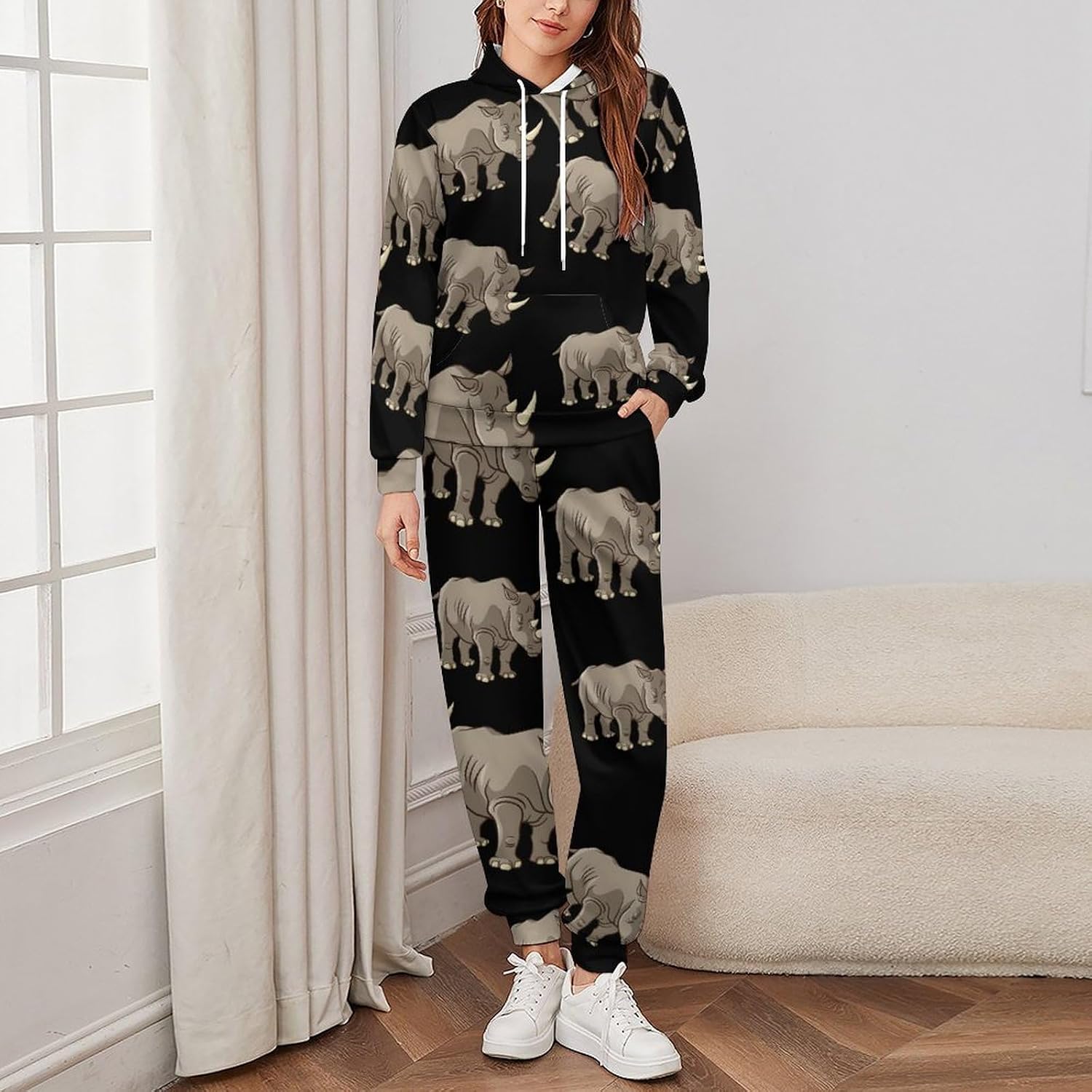 Rhino Vector Sweatshirts for Men Two Piece Casual Hoodie Tracksuit Jogger Pants