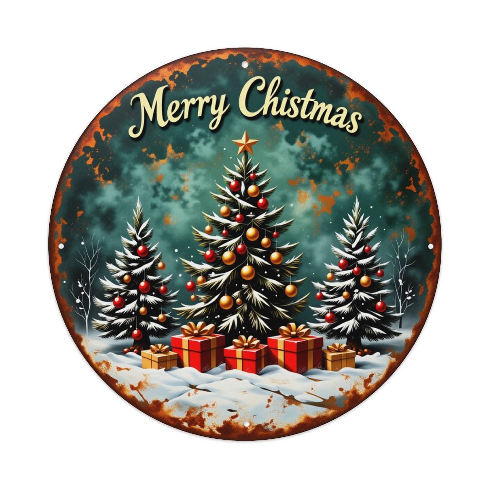 Wmlzdnwr Vintage Merry Christmas Tree Snow Gift Pattern Round Tin Sign,Retro Wall Art,Metal Poster For Home, Bar, Garage, Cafe, Rustic Indoor & Outdoor Decor, 8X8 Inches