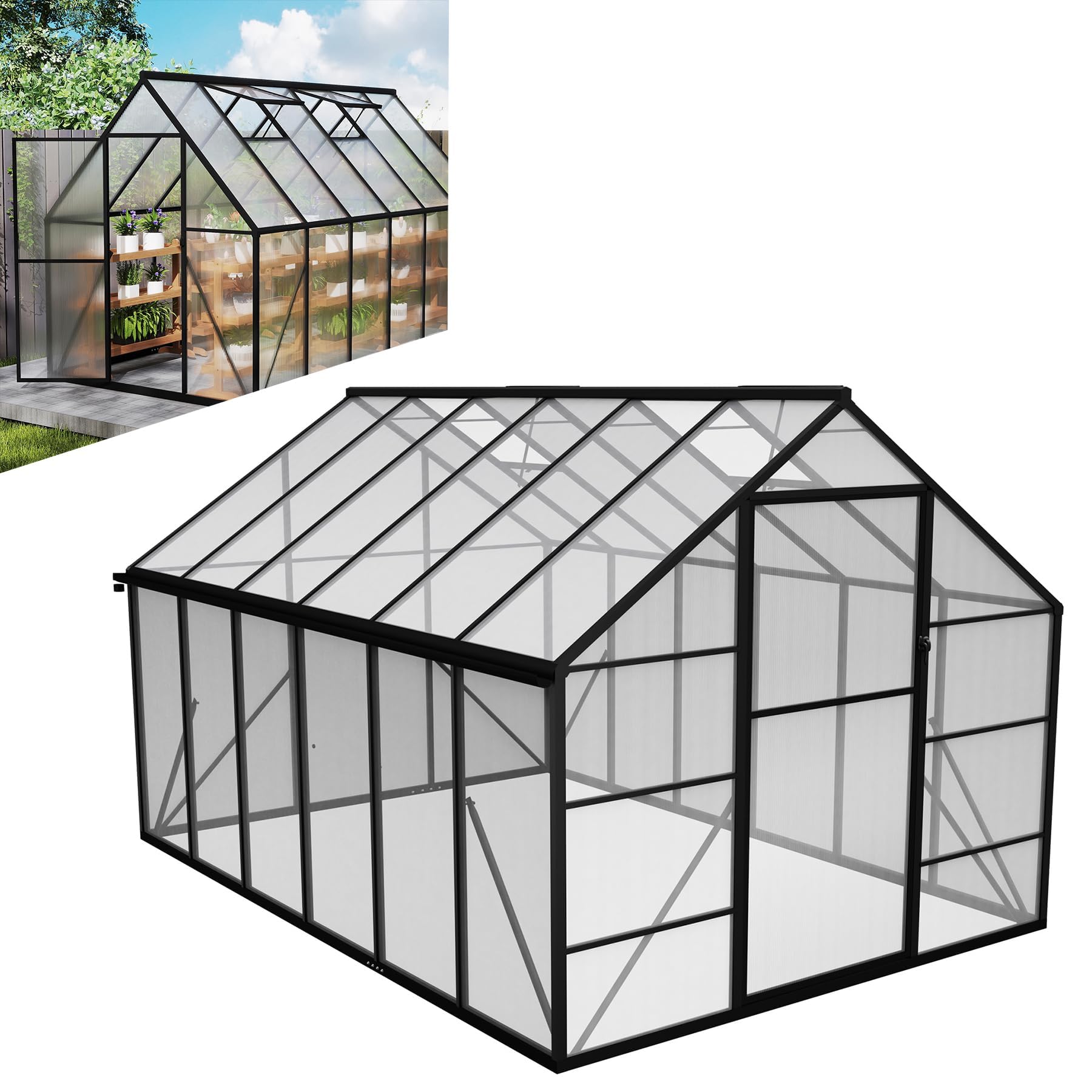 LZQ Gartengewächshaus Aluminium mit Fundament 340x180x195 cm Gewächshaus Pflanzenhaus mit Schiebetür und Dachfenster Treibhaus Gartenhaus Winterfest Aufzucht Tomatenhaus (6x12 ft)