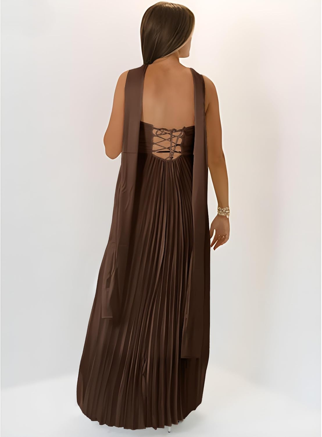 Women Bridesmaid Dress with Scarf Strapless Pleated Satin Flowy Formal Evening Gown Maxi Dresses - Image 4