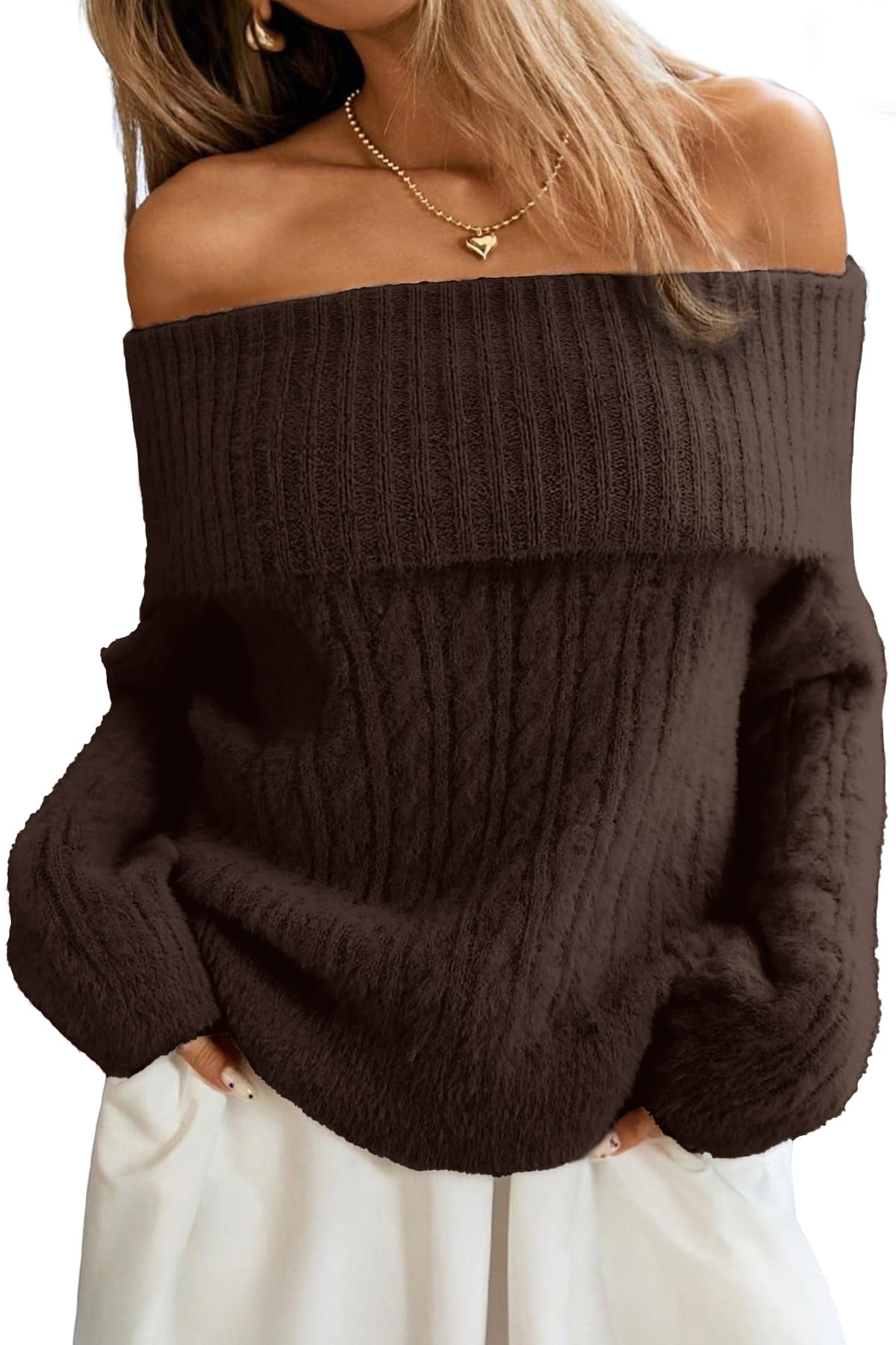 ELLEVEN Womens Off Shoulder Cable Knit Sweater Soft Oversized Pullover for Casual Fall Winter Outfits