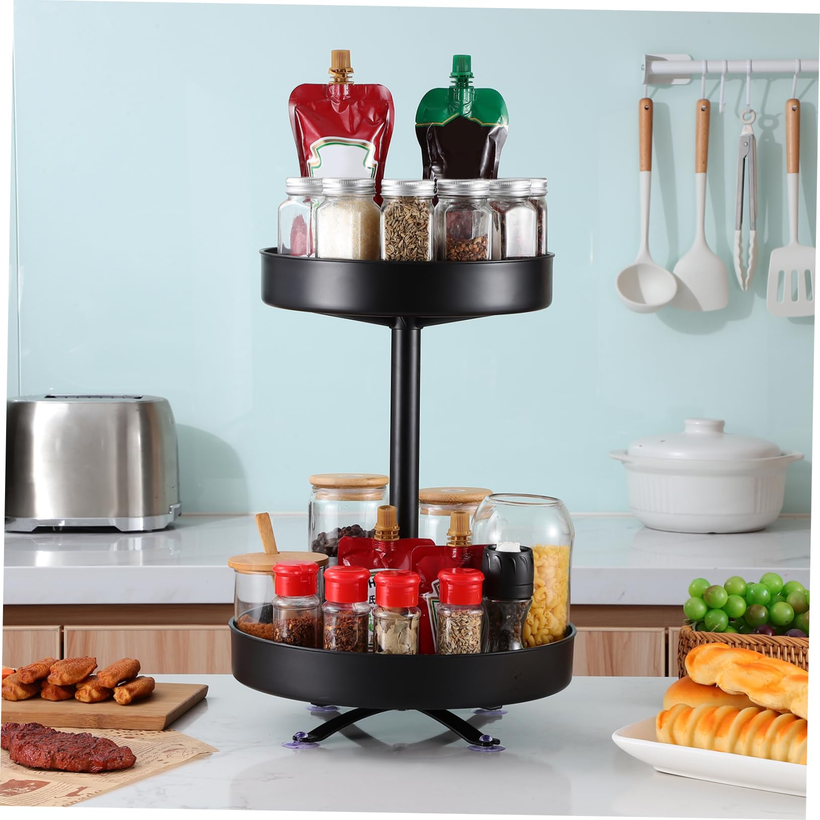 Cabilock Porta Spezie Girevole Rotella 10" + 12" Organizer Cucina Struttura in Acciaio Inossidabile e Plastica per Dispensa e Cucina