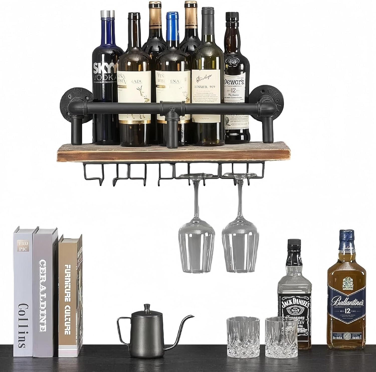 industrial wall mounted wine rack, wine bottle stemware glass rack, floating shelf pipe hanging shelving with glass holders for wine glasses, flutes, mugs, home décor, kitchen, bar retro