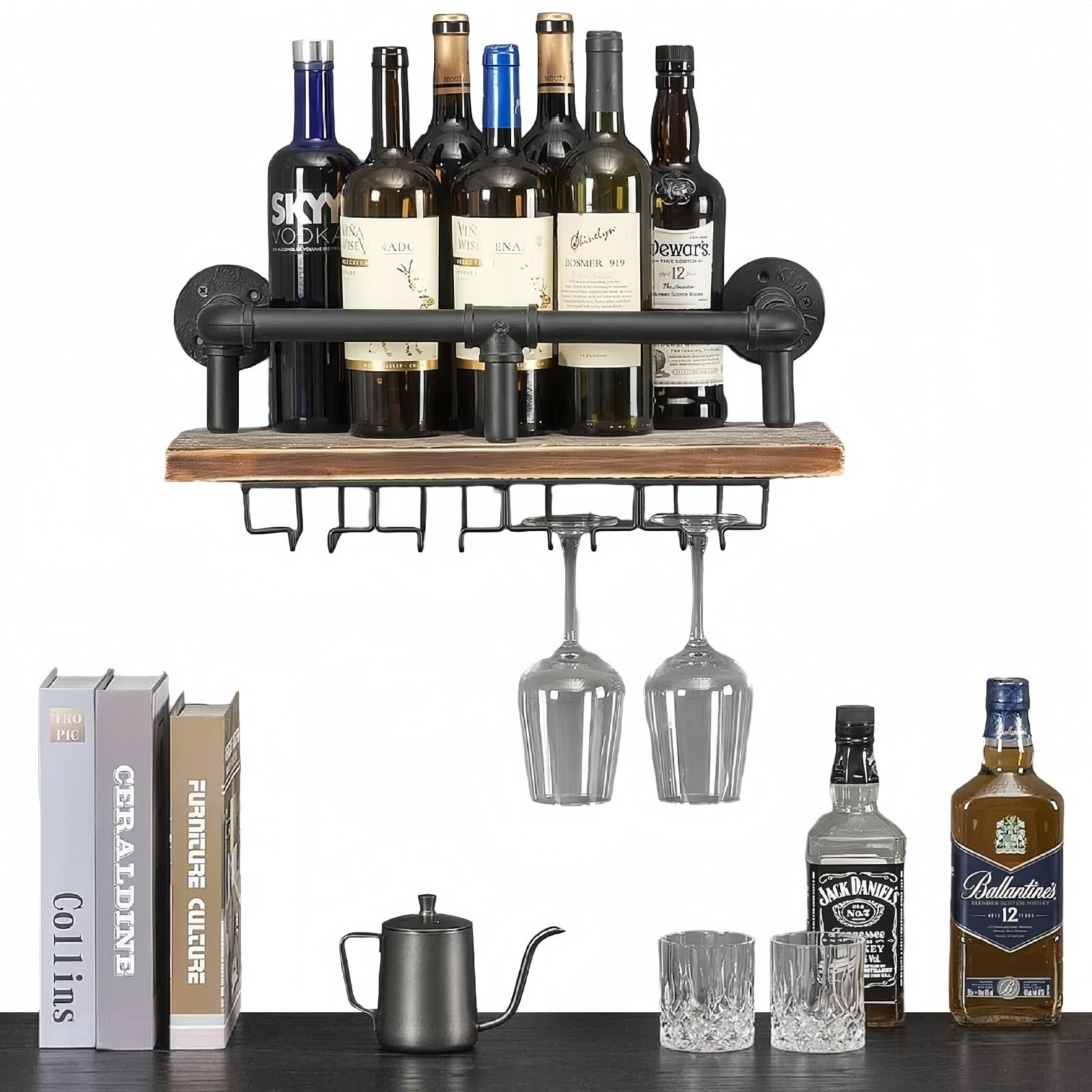 WAKI HOME Industrial Wall Mounted Wine Rack, Wine Bottle Stemware Glass Rack, Floating Shelf Pipe Hanging Shelving with Glass Holders for Wine Glasses, Flutes, Mugs, Home Décor, Kitchen, Bar