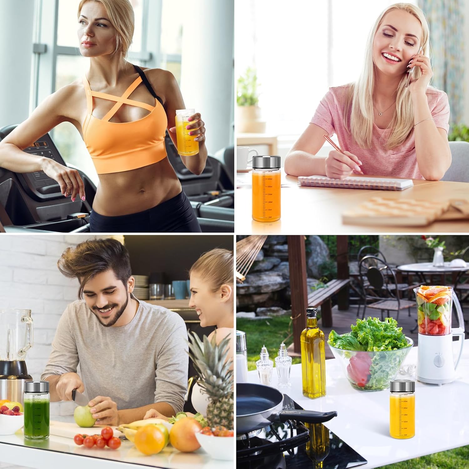 Juice Bottles with Lids – 4 Pack 10 OZ Wide Mouth Glass with Stainless Steel Lids – Reusable Beverage Containers for Juice, Smoothies, Milk, Water – Leakproof, BPA-Free, Dishwasher Safe
