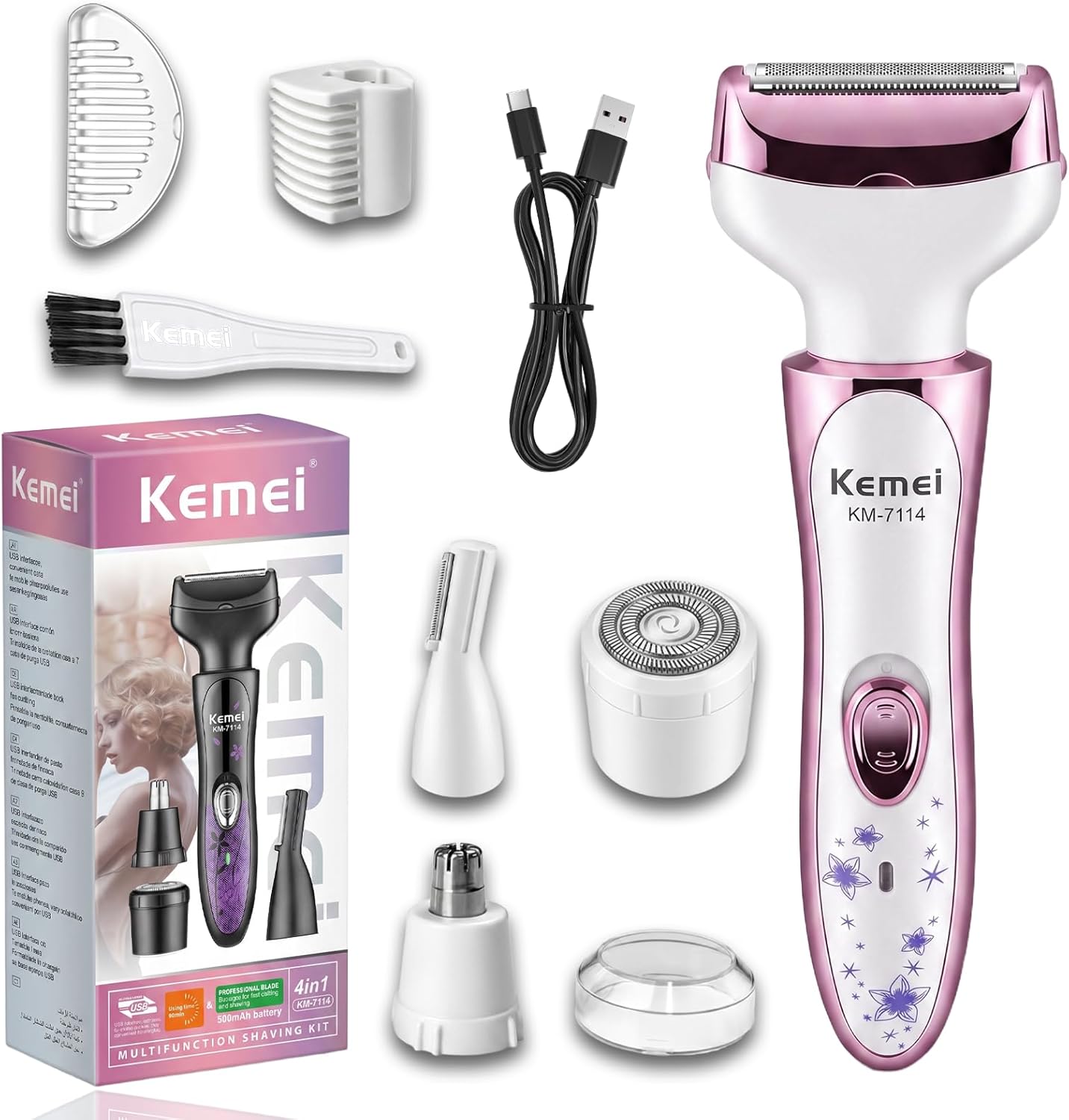KEMEI 7114 Women's Electric Razor, 4-in-1 Painless Hair Remover for Face, Eyebrow, Nose & Bikini, Rechargeable Wet & Dry Lady Shaver, Black