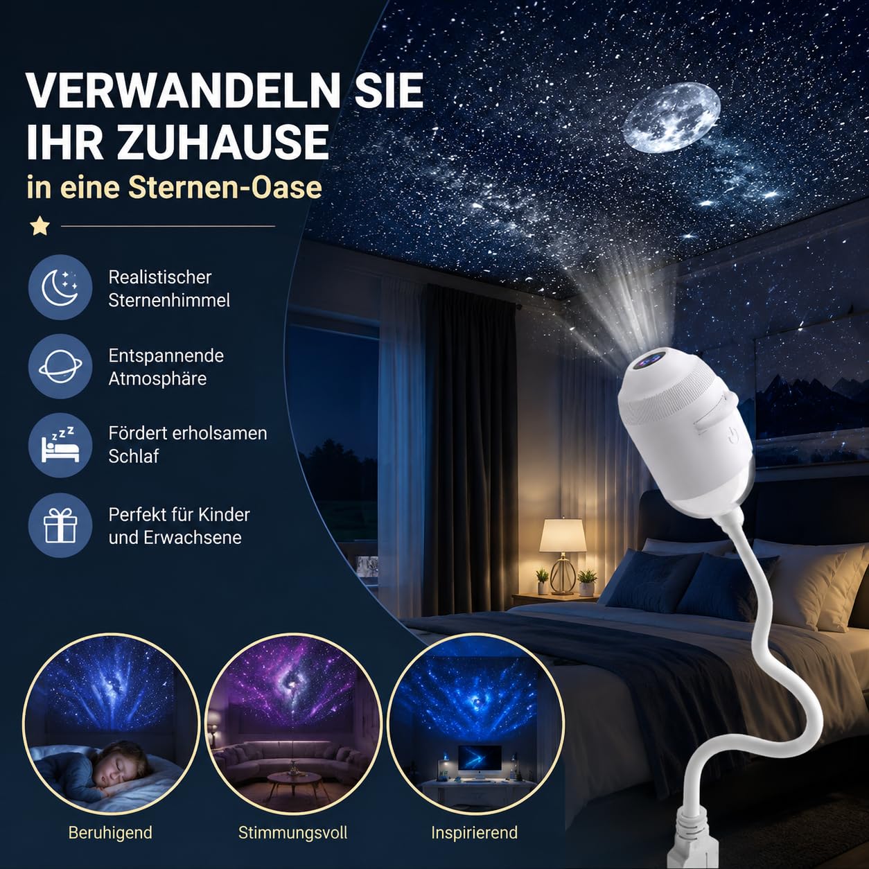 Plug and Play Hd Sternenprojektor Mit 6/12/24 Filmen, Smart Holografischer 5d Sternen- & Ozeanprojektor, Projektor Unterwasserwelt, 360°-Drehung, FüR Auto, Schlafzimmer (with 12 Foils)