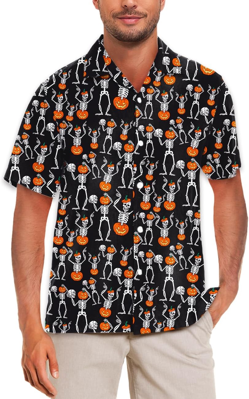 AOBUTE Mens Halloween Button Shirts Pumpkin Shirt Sugar Skull Costume Top