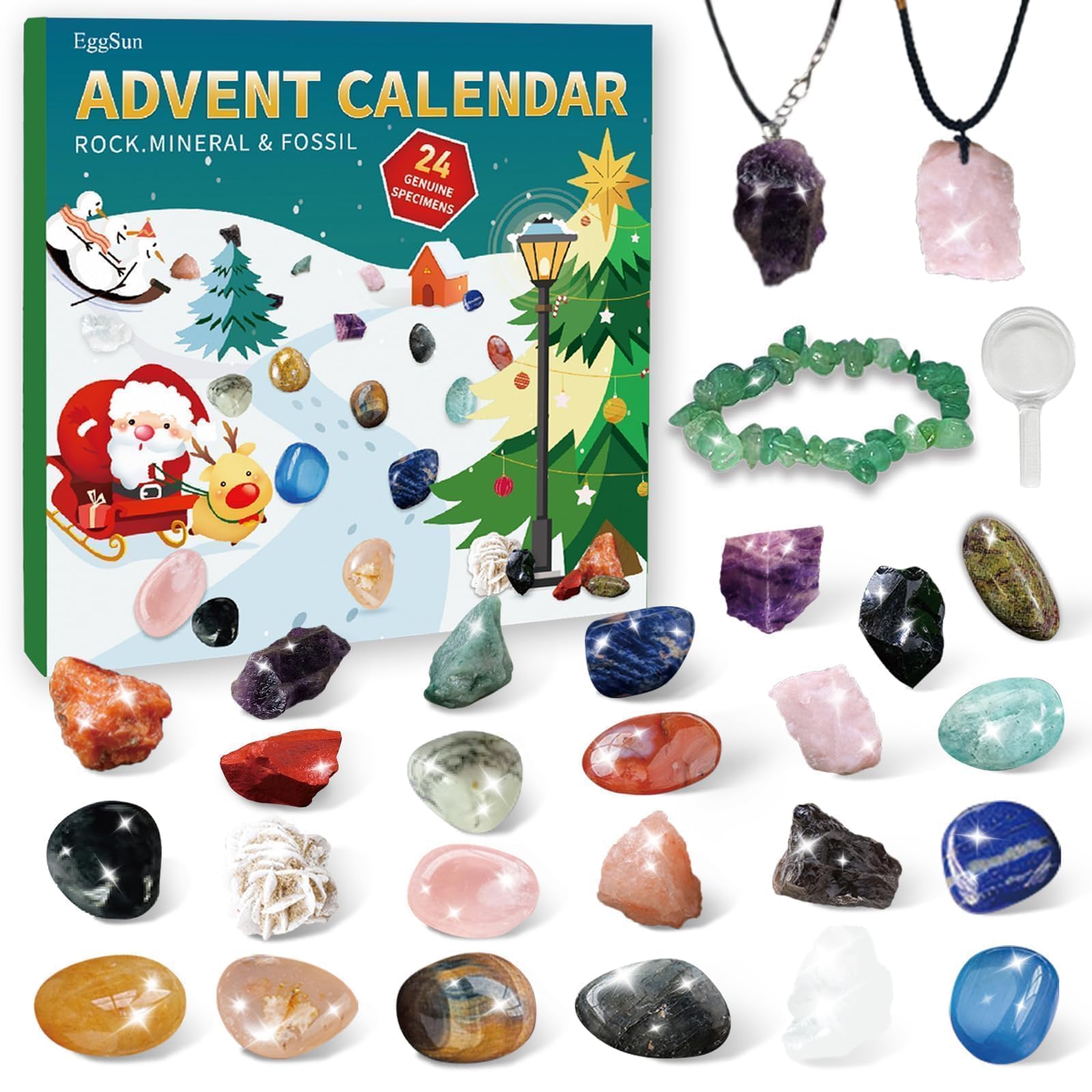 EggSun Crystal Rock Advent Calendar 2024,Winter Gift Countdown Calendar,Winter Natural Rock Minerals Fossils Stone Collection Toys with Gift Box Gem for Girls Boys Geology Enthusiasts