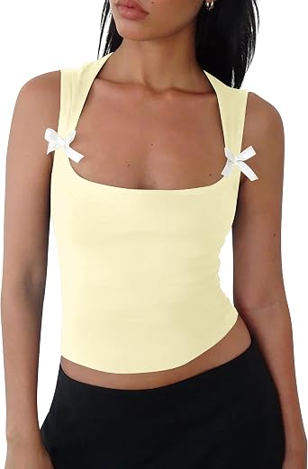 Women Y2k Bow Tank Top Sleeveless Scoop Neck Crop Tops Aesthetic Bow Cami Shirts Preppy Clothes Summer Going Out