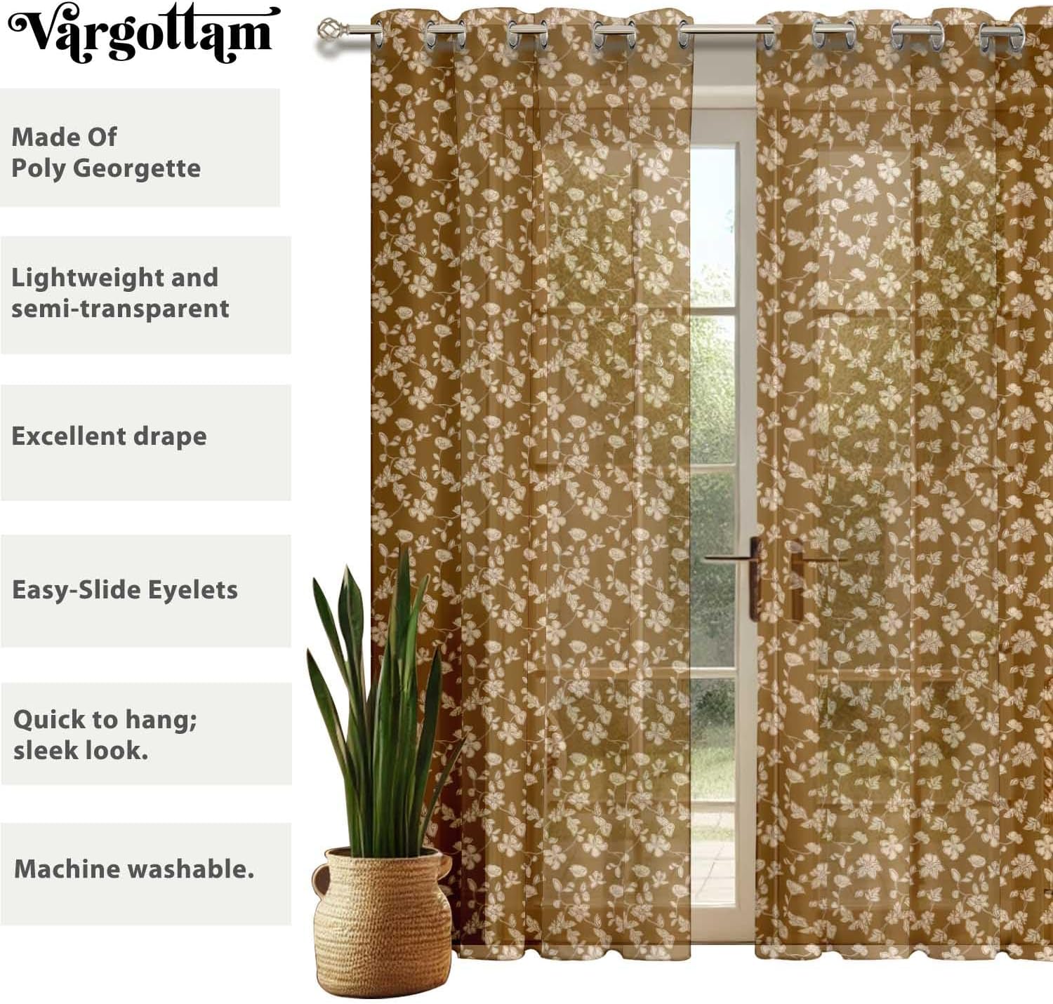 Flowers Print Sheer Curtains for Short Windows – Set of 2 Panels, 63" Length, Grommet Top, Printed Georgette, Light Filtering Drapes for Kitchen or Bedroom
