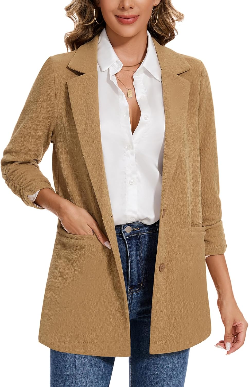 MINTLIMIT Women's Casual Long Blazer 3/4 Ruched Sleeve Lapel Button Front Work Office Blazers Suit Jacket with Pockets - Image 5
