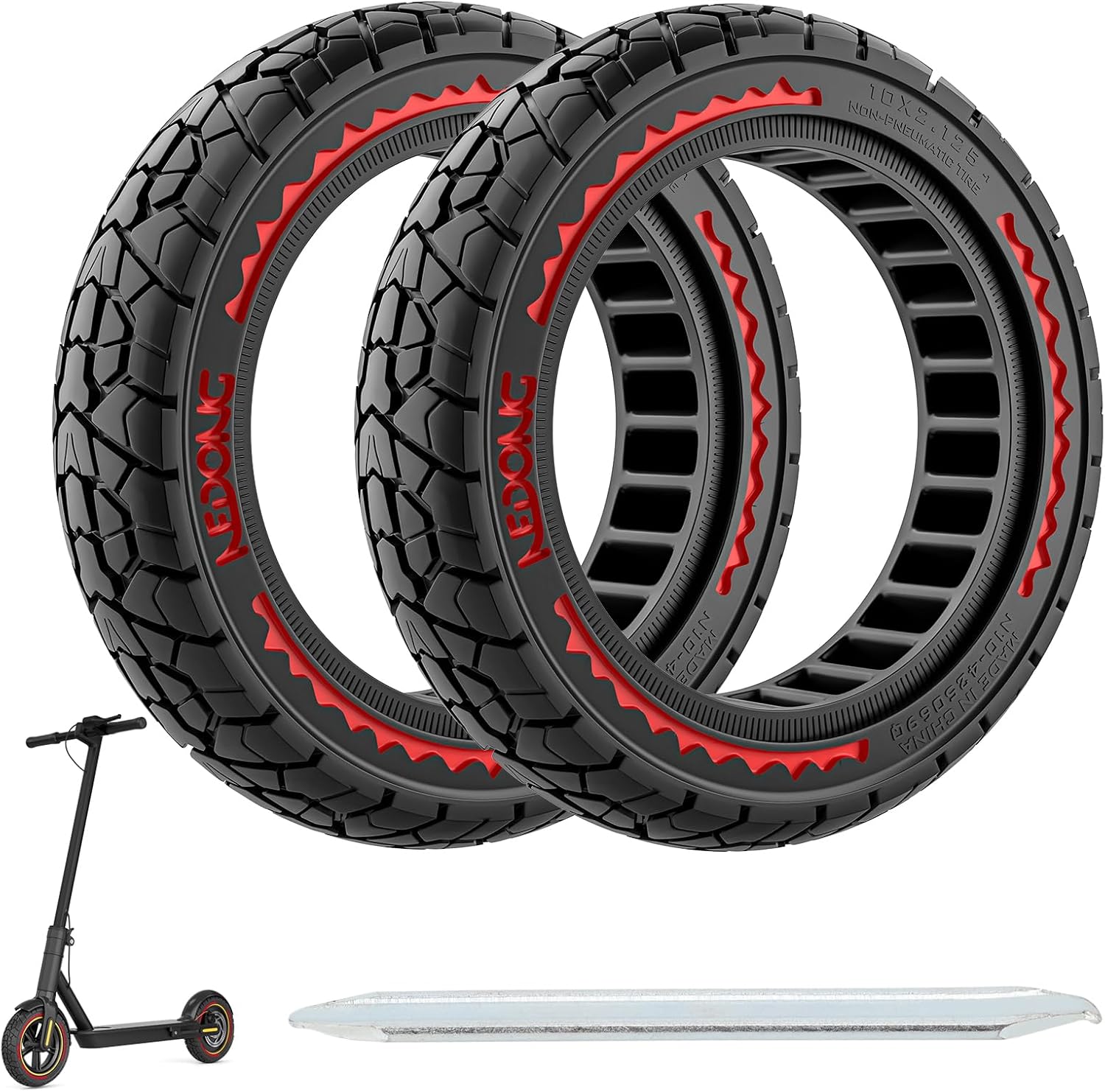 Cooryda 10X2.125 Off Road Tire for Electric Scooter Ninebot F20/F30/F40/F65, 10 inch Solid Rubber Tires for Front And Rear Solid Electric Scooter Tire Tubeless(Red 2pcs)
