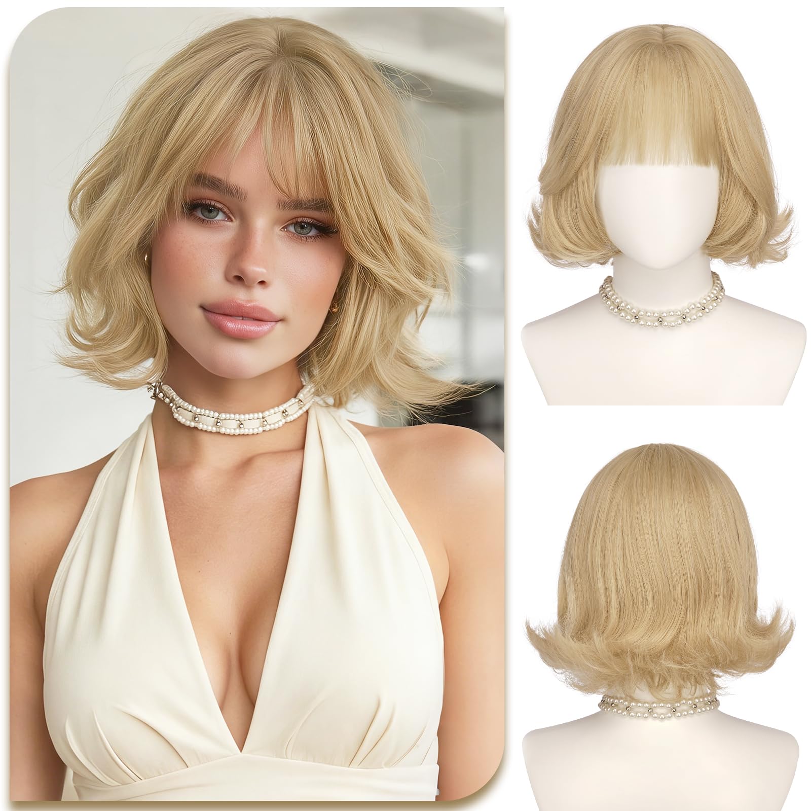 Sofeiyan Peluca Bob Corta con Flequillo,30 cm Rubio Ceniza Peluca Bob vintage para Mujer,Sintética Pelucas con Puntas en C,Diario Verano Festivales Playa Bodas