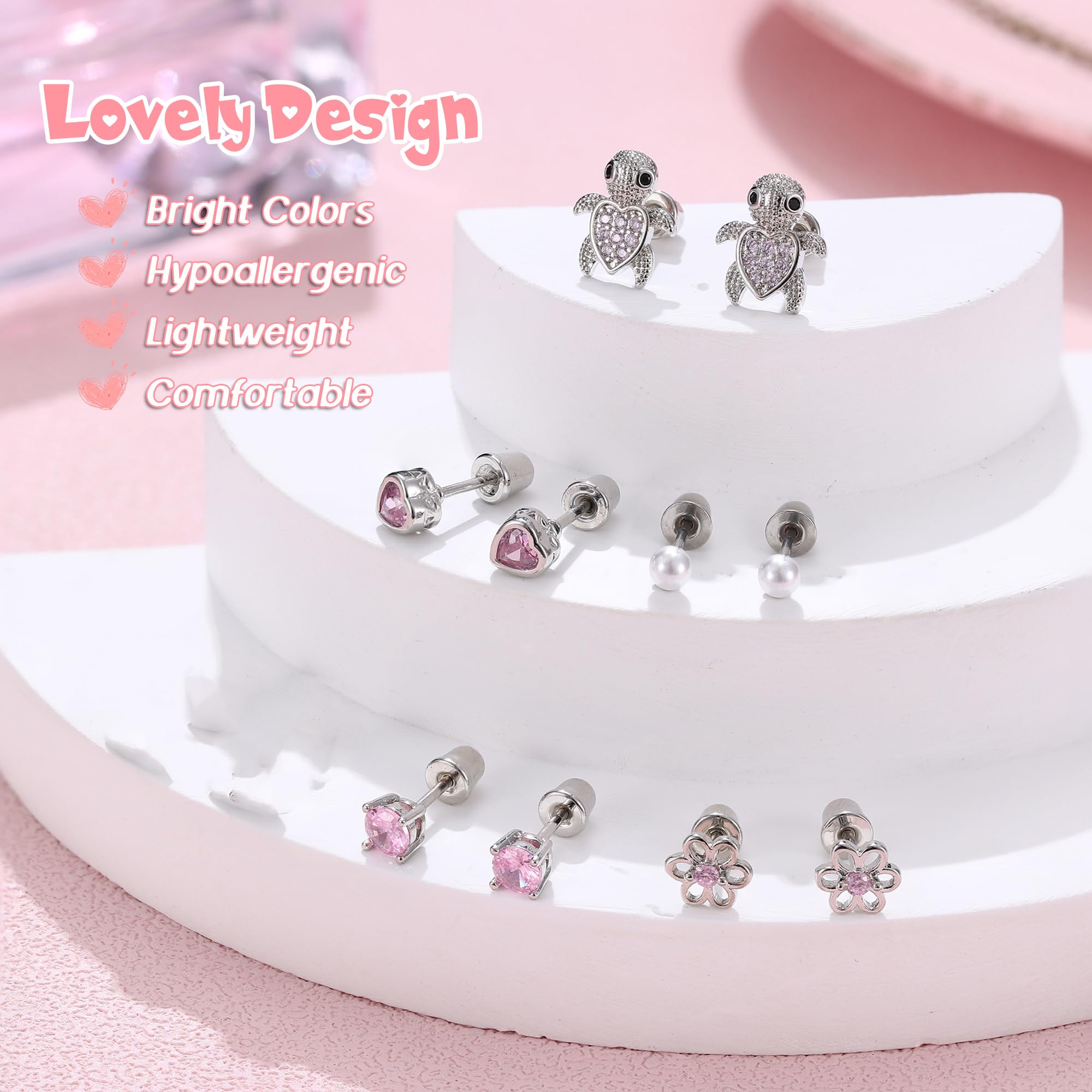 MILACOLATO 6Paires Boucles d'Oreilles Enfant Fille Femme Acier Inoxydable, Hypoallergéniques CZ Cartilage Clou Oreille Lot, Rose Zirconium Boule Coeur Fleur Vissé Dos Tragus Boucle d'Oreille Bijoux