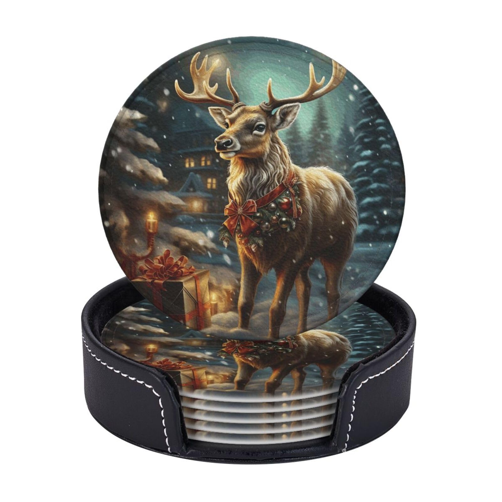 Drink Coasters Set of 6 Coffee Leather Coaster with Holder Reindeer Coasters for Drinks Coffee Cup Mat Heat Resistant Tabletop Protection Coaster Desk Accessorie Home Decorative