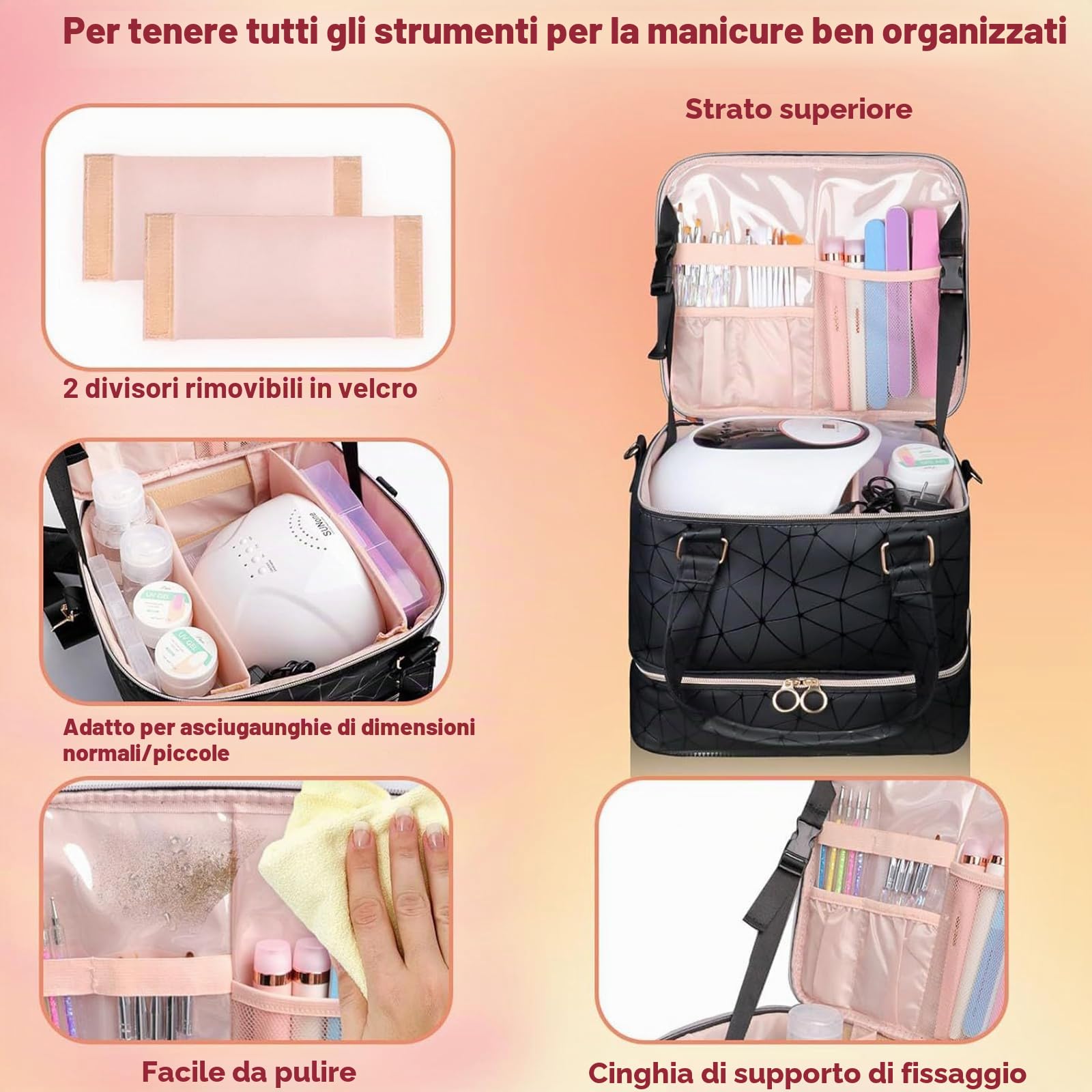 Organizer per 84 Smalti con Scomparto per Lampada LED | Borsa A 3 Livelli In Pelle PU Con Maniglia, Ideale Per Smalti E Accessori Per Manicure