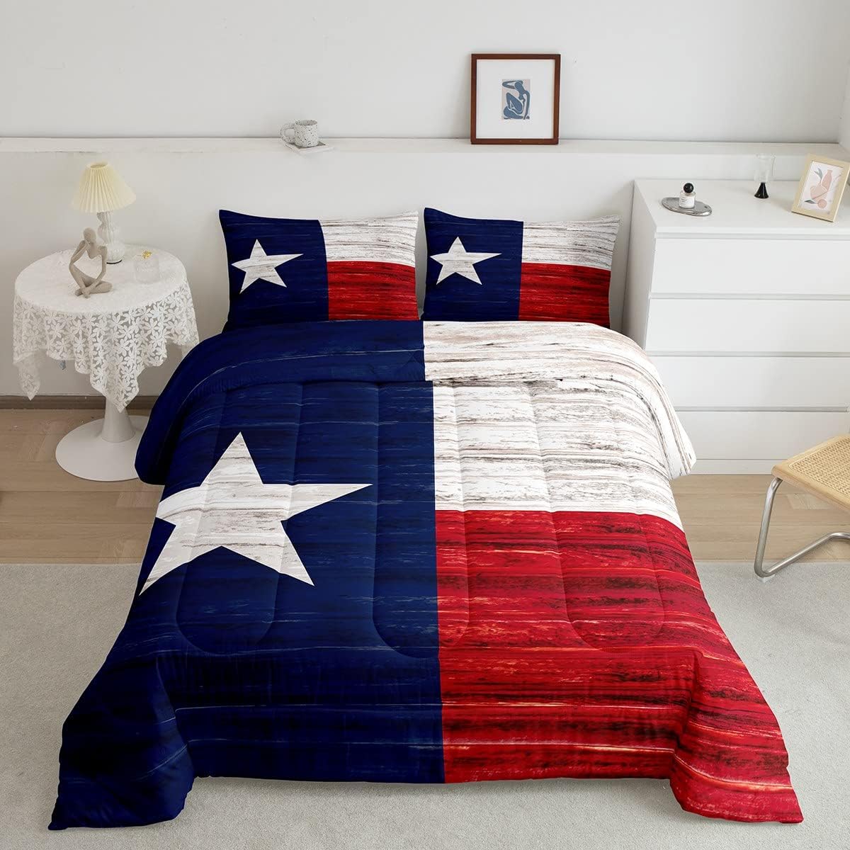 ErosebridalWestern Texas Star Bedding Set Retro Vintage American Flag Quilt Cowboys Gifts for Men,Patchwork White Red and Blue Comforter Set Full,Grunge United States Flag Farmhouse Decor