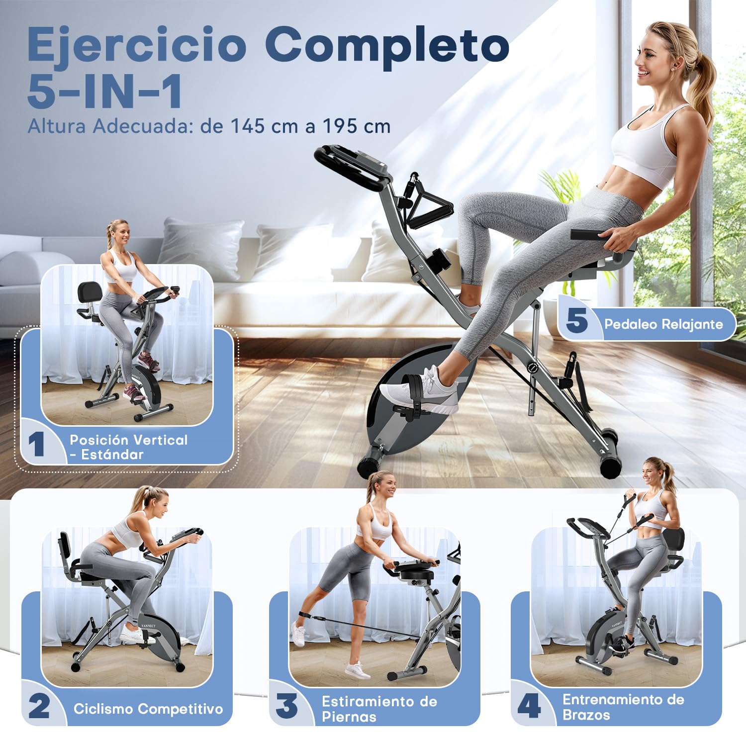 VANNECT Bicicleta Estatica Plegable 5 en 1 con Respaldo y 16 Niveles de Resistencia, Bicicleta Estatica para casa con Banda de Resistencia, Monitor LCD y Medición de Pulso Manual, Capacidad 160 Kg