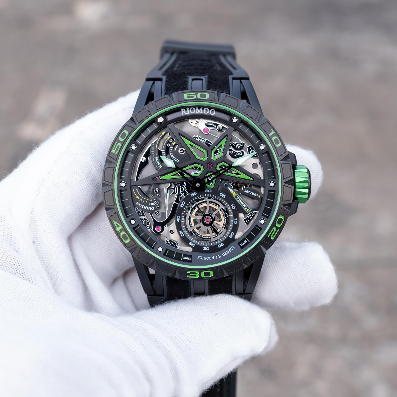 OBLVLO Męski szkielet mechaniczny zegarek, obudowa ze stali nierdzewnej 316L, szara gumka, duża tarcza, wodoodporny, styl wojskowy, model RD-905