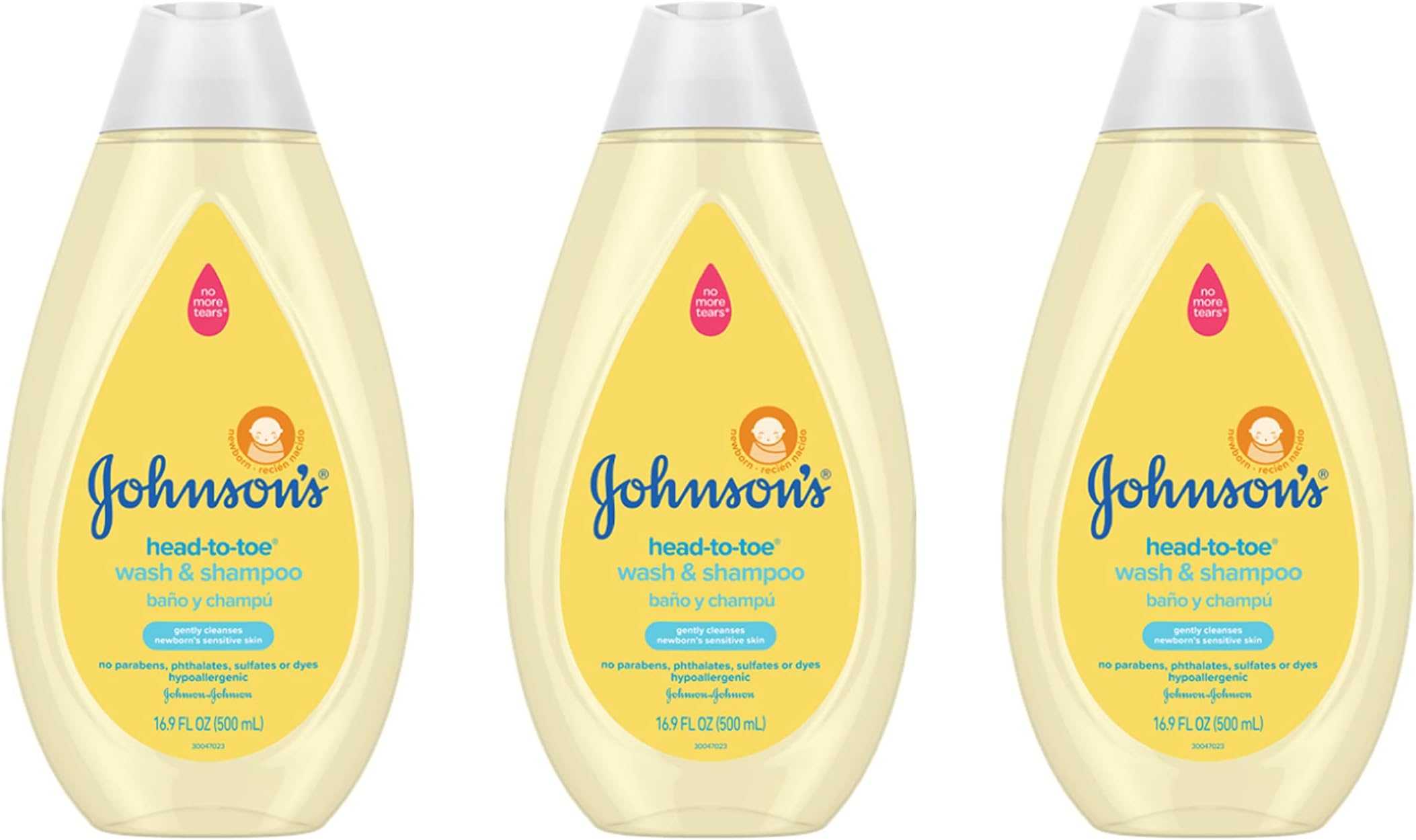 Johnson's Head-To-Toe Gentle Tear-Free Baby & Newborn Wash & Shampoo, Sulfate-, Paraben- Phthalate- & Dye-Free, Hypoallergenic Wash for Sensitive Skin & Hair, 3 x 16.9 fl. Oz (Amazon Exclusive)