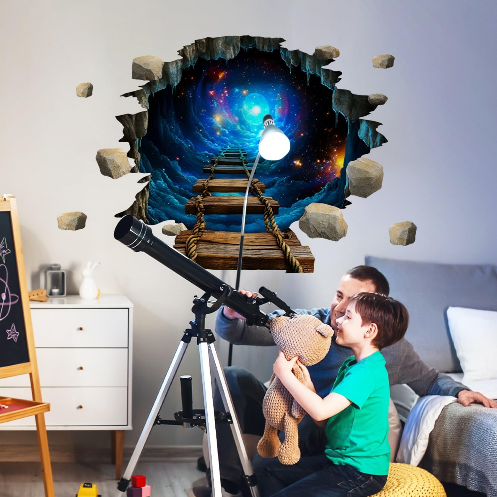 3D Space Tunnel Wall Decals,Moon Suspension Bridge Wall Stickers for Boys Room Teenagers Kids Bedroom Playroom Nursery Wall Decor