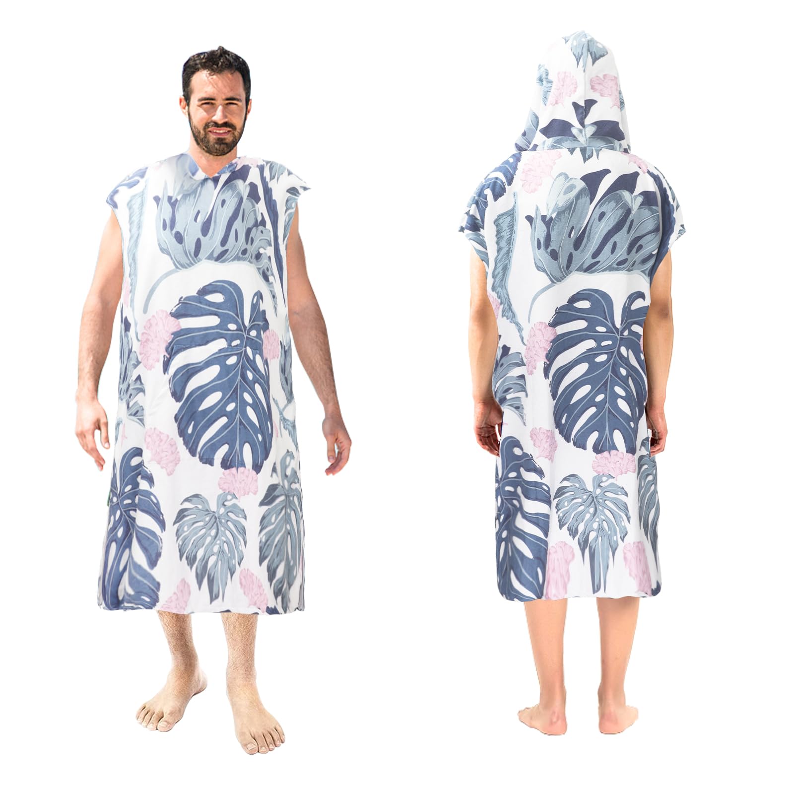 Rainleaf Surf Poncho Changing Towel Quick Dry Pool Swim Beach Towel with Hood and Front Pocket Warm and Soft Microfiber RobeTowel for Women and Men Gray-Leaf Print