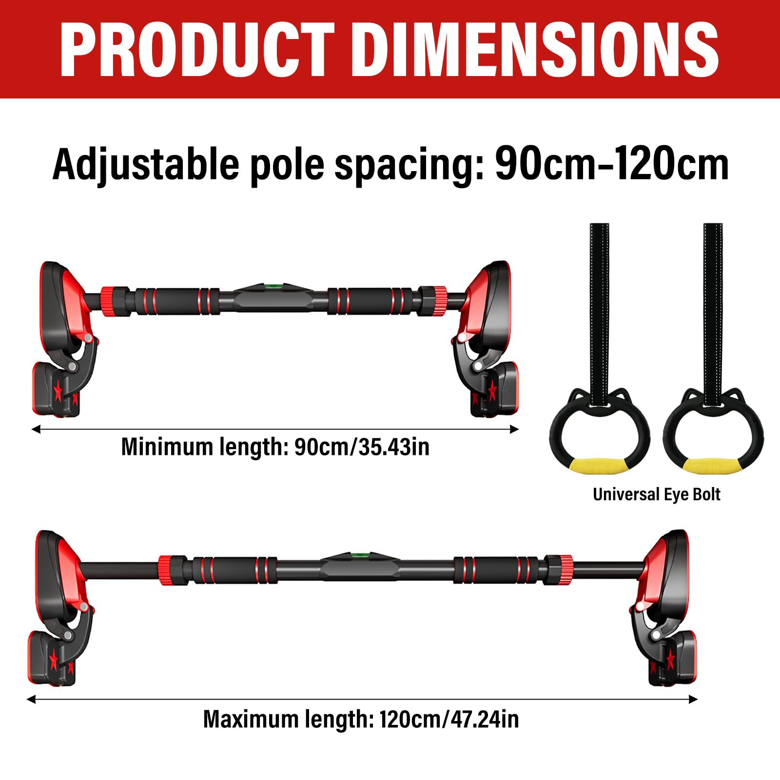 Barra de dominadas para marco de puerta, ajustable de 90 a 120 cm, montaje sin tornillos para un entrenamiento eficaz de la parte superior del cuerpo, soporta hasta 1280 kg para fitness y