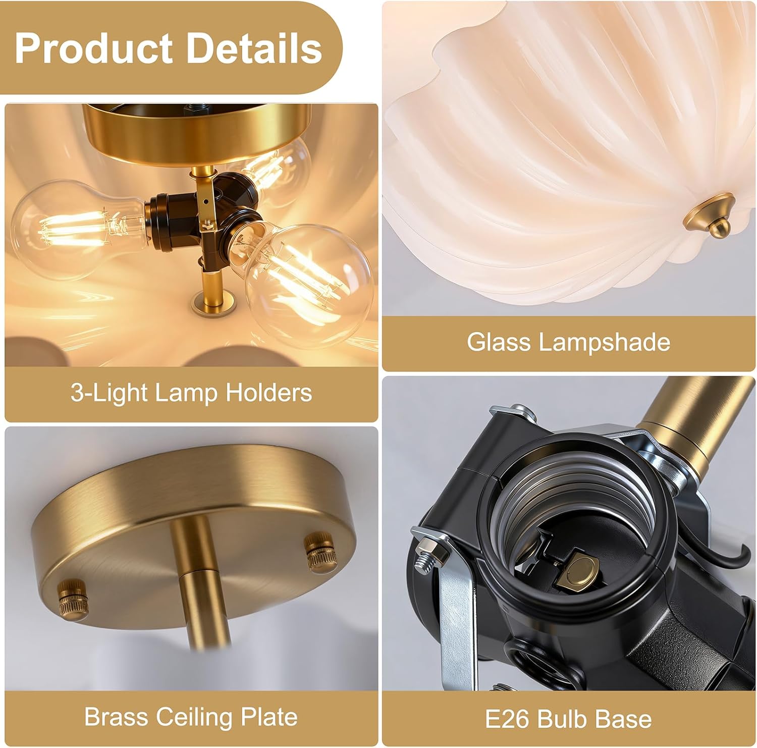Gold Flush Mount Ceiling Light, 3-Light Hallway Light Fixtures, 15.7'' Vintage Brushed Brass Glass Ceiling Lights with Milky Glass Flower Shade for Entryway Dining Living Room Foyer