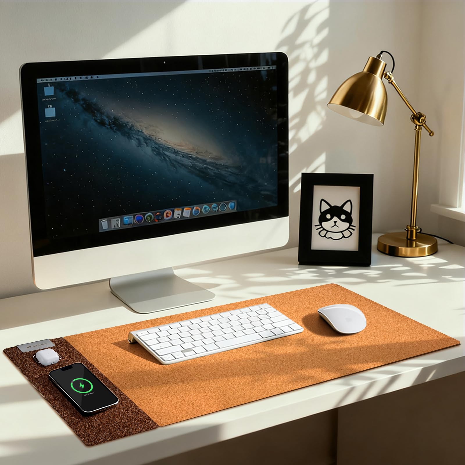 Tappetino 3 in 1 in sughero con ricarica rapida Qi, impermeabile e su entrambi i lati, ideale per ufficio, casa e come protezione per tavolo da toeletta, compatibile con iPhone, Samsung