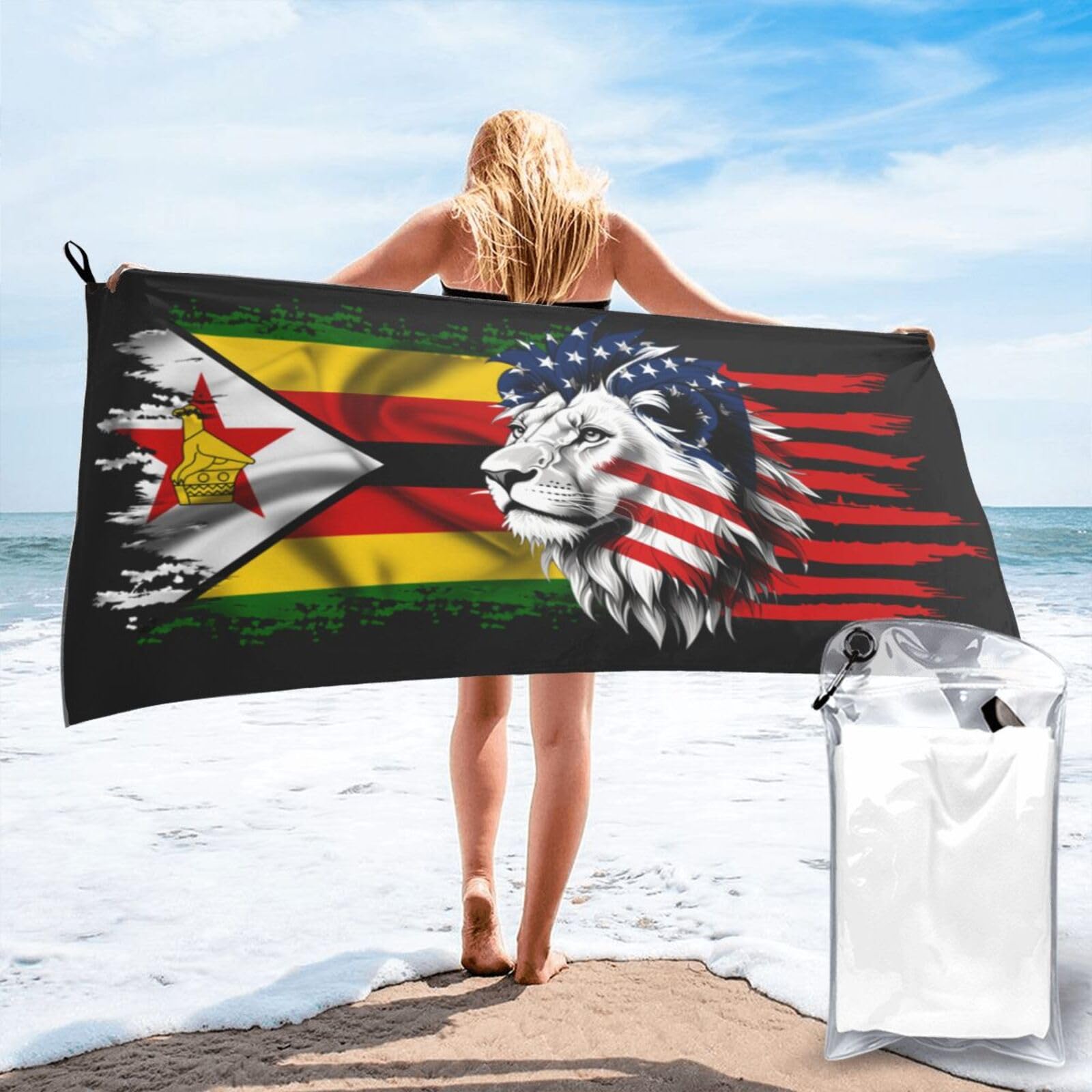 HACXZ Large Camping Towel America Flag and Zimbabwe Flag Bathroom Beach Towels Microfiber Beach Towel
