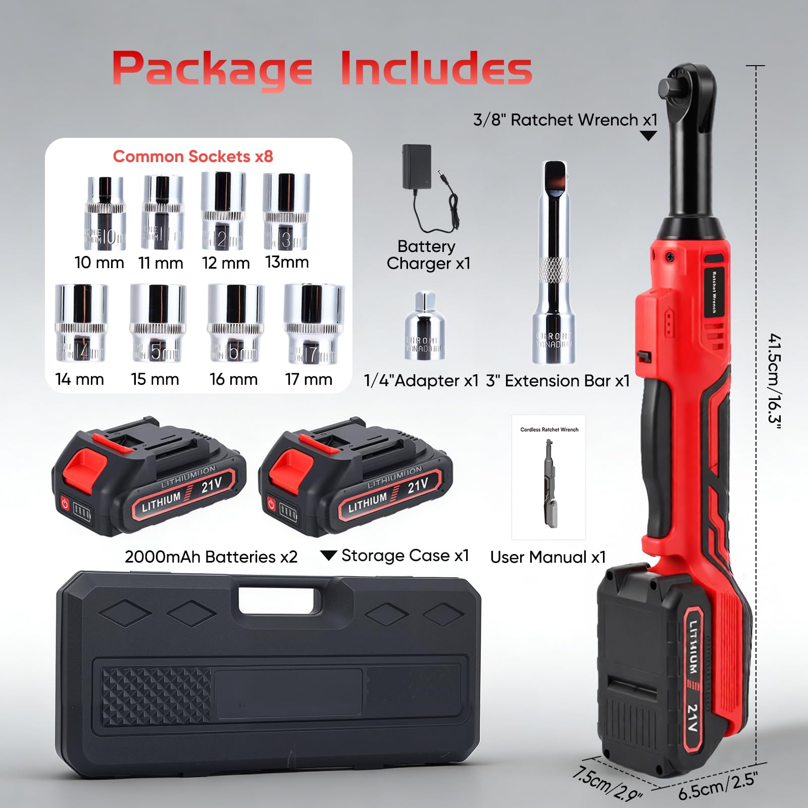 Avvitatore a cricchetto a batteria da 3/8", 60 Nm, chiave a cricchetto elettrica, regolazione continua della velocità con 2 batterie da 2,0 Ah, set di chiavi a cricchetto da 10 pezzi, ideale per