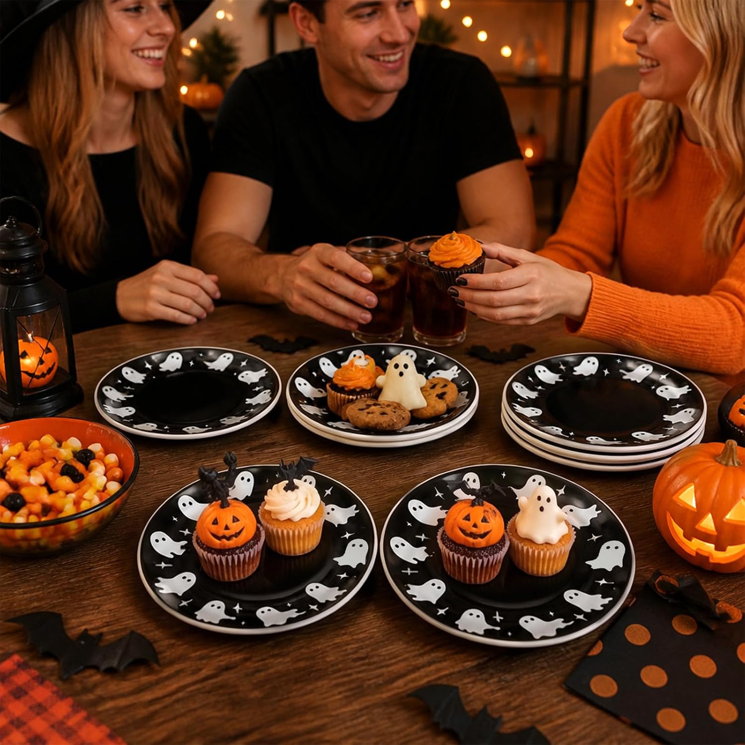 AnyDesign 6Pcs Halloween Ceramic Plates, Black Ghost, 6 Inch