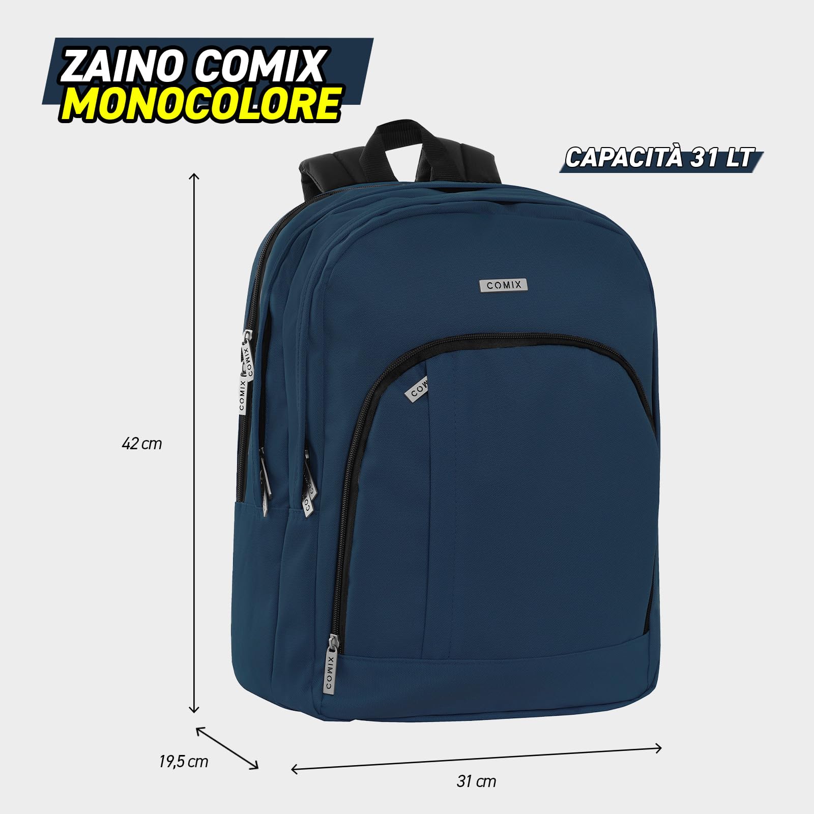 COMIX - Zaino Scuola Media, Elementare e Superiore, 3 Vani con Alloggio Porta PC, Tasca Frontale, Schienale Imbottito e Rinforzato, Spallacci Imbottiti e Regolabili, Retro Antiscivolo, 31x42Hx19,5 cm