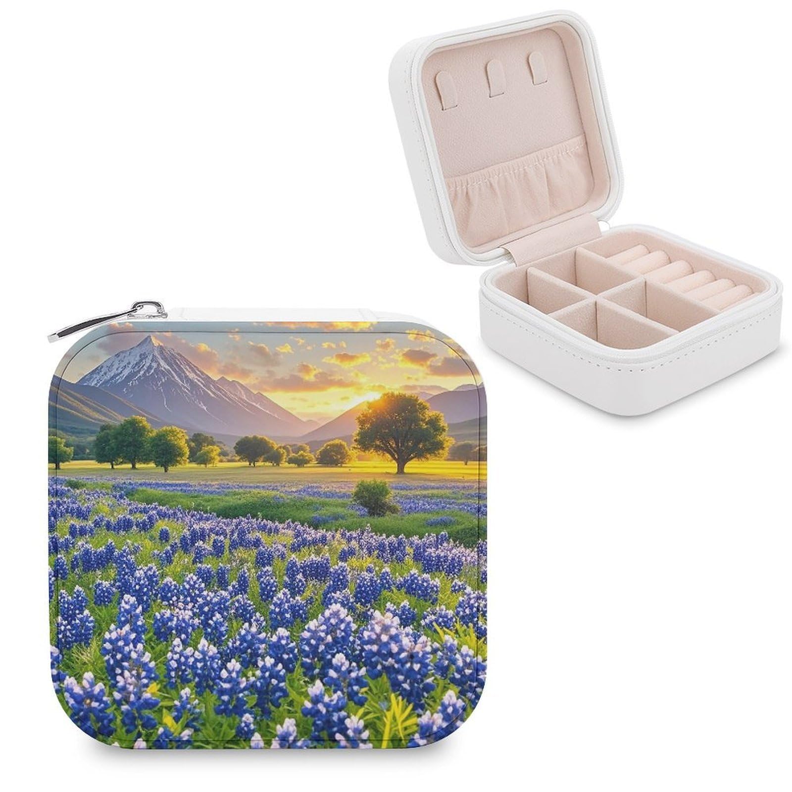 FekiLoot Texas Bluebonnets Scenery Jewelry Case Personalized Leather Jewelry Box Mini Travel Jewelry Case Small Portable Jewelry Organizer for Ring Earrings Necklace Bracelet