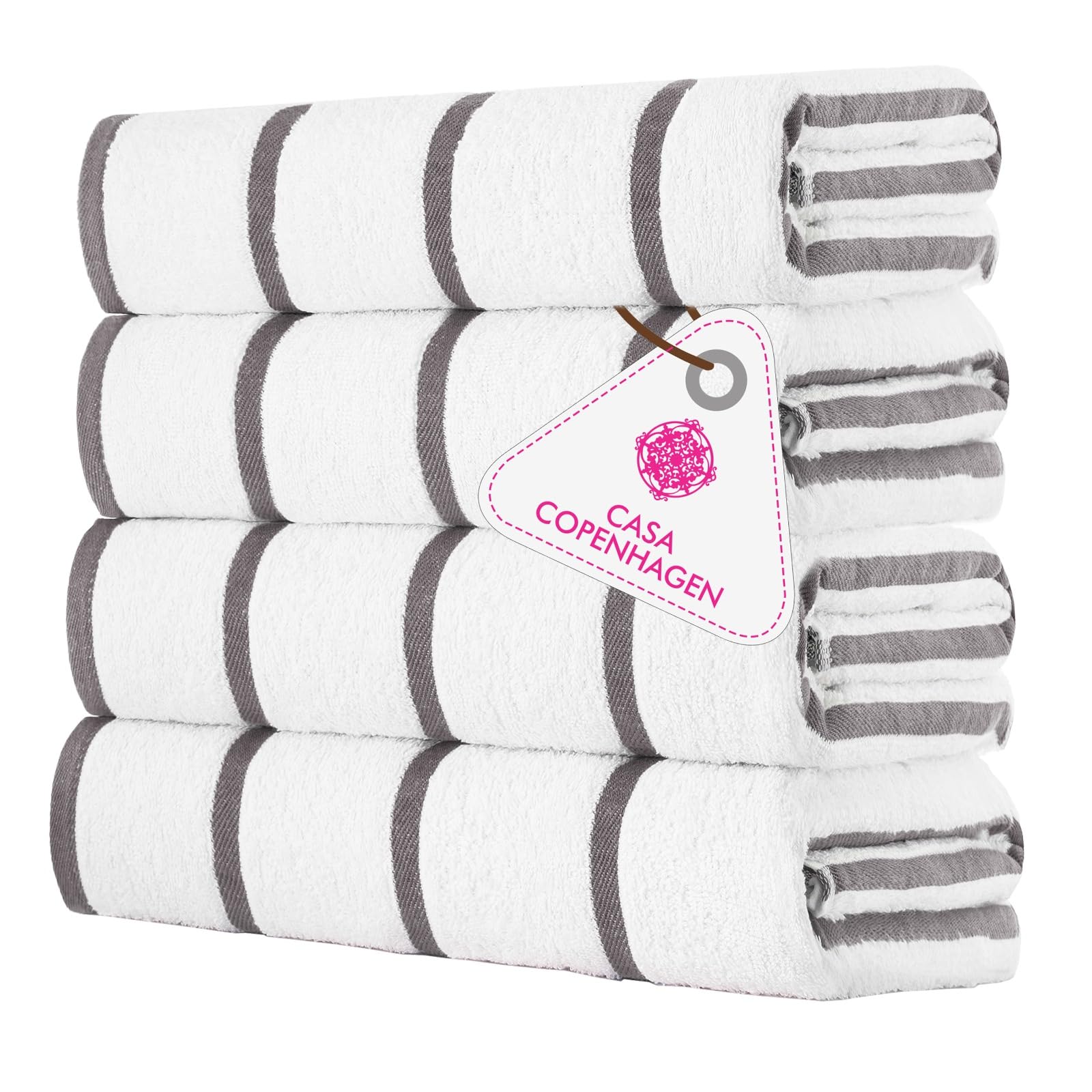 CASA COPENHAGEN Cabana Pool 4-piece set of large bath towels, 76x152 cm, 550 GSM, designed in Denmark, made from soft Egyptian cotton for bathroom, kitchen & shower - Grey and white striped