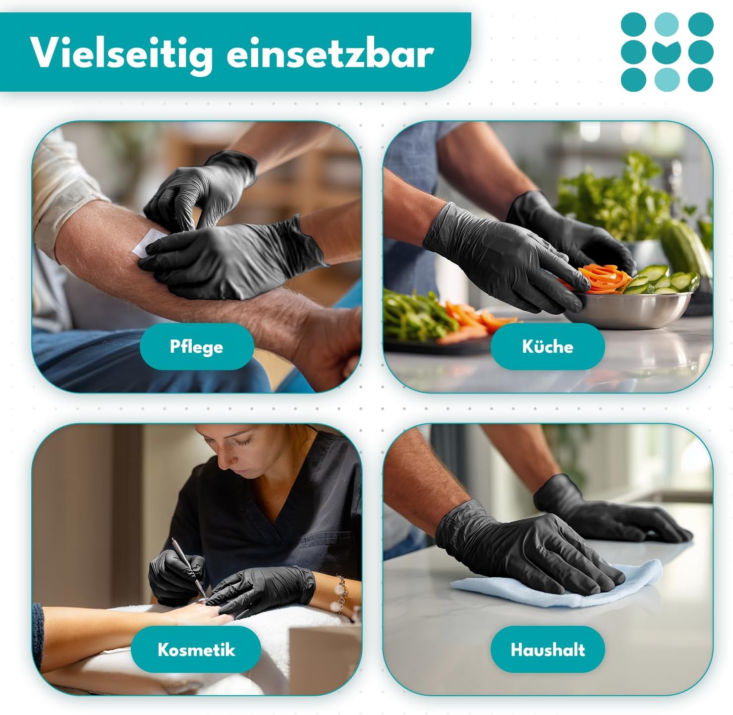 maneo 100x Einweghandschuhe Schwarz, Nitril Handschuhe puderfrei L - Mise en situation et utilisation