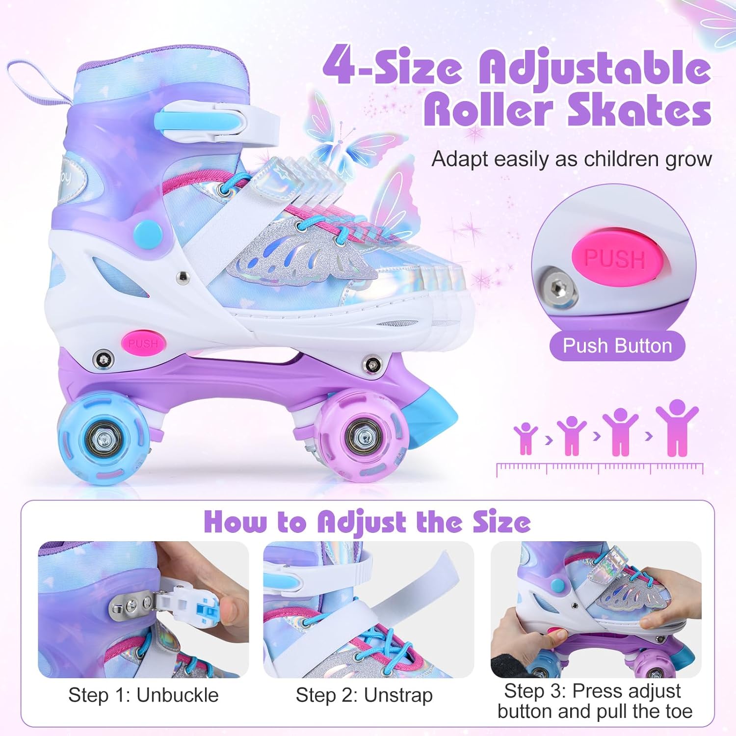 BABY JOY Roller Skates, 4-Size Adjustable Quad Skates for Girls Teens 9-14 w/Light-up Wheels & Safety Protection, Fun Illuminating Gifts for Indoor Outdoor Sports
