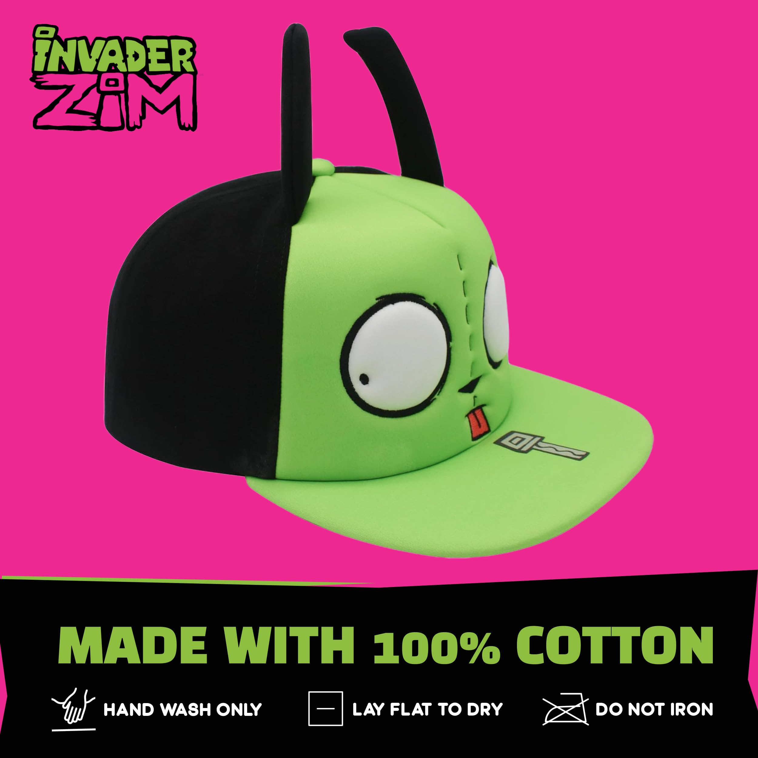 Concept One Gorra de béisbol Unisex Invader Zim, Gorra Gir para Adultos con ala Plana y Orejas y Ojos 3D, Verde/Negro, Talla única, Verde/Negro, Talla única