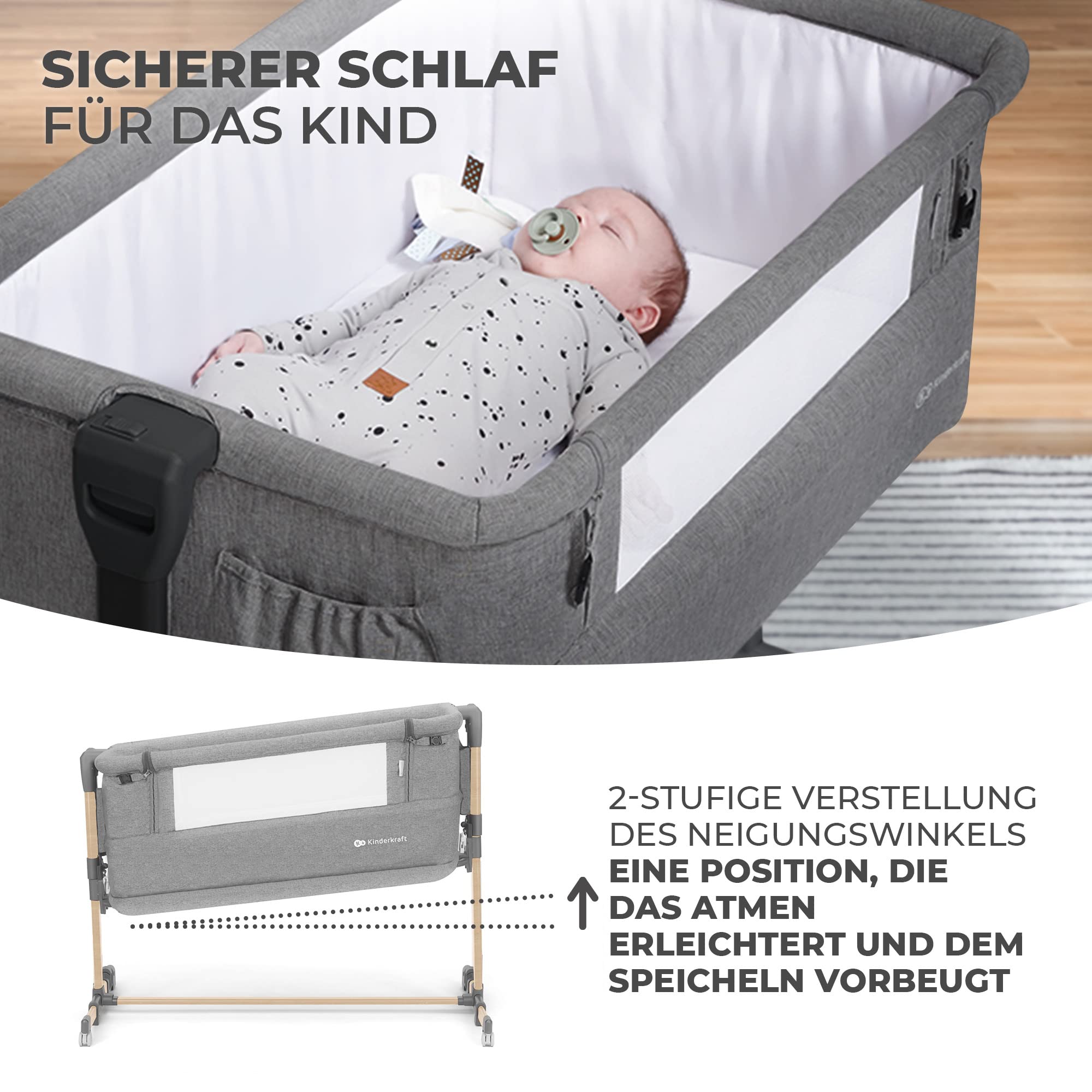 Kinderkraft Neste Grow 3 in 1 Babybett, Beistellbett Baby, Kinderbett ab Geburt für 2 Jahre, mit Matratze Transporttasche Rollen, Höhenverstellung in 5 Stufen, Stahlkonstruktion, Hellgrau